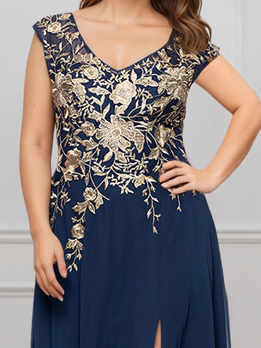 Cicinia Bleu Marine Robe pour Mère de la Mariée Longue en Dentelle et Mousseline Décolleté en V A-Line Fente Grande Taille