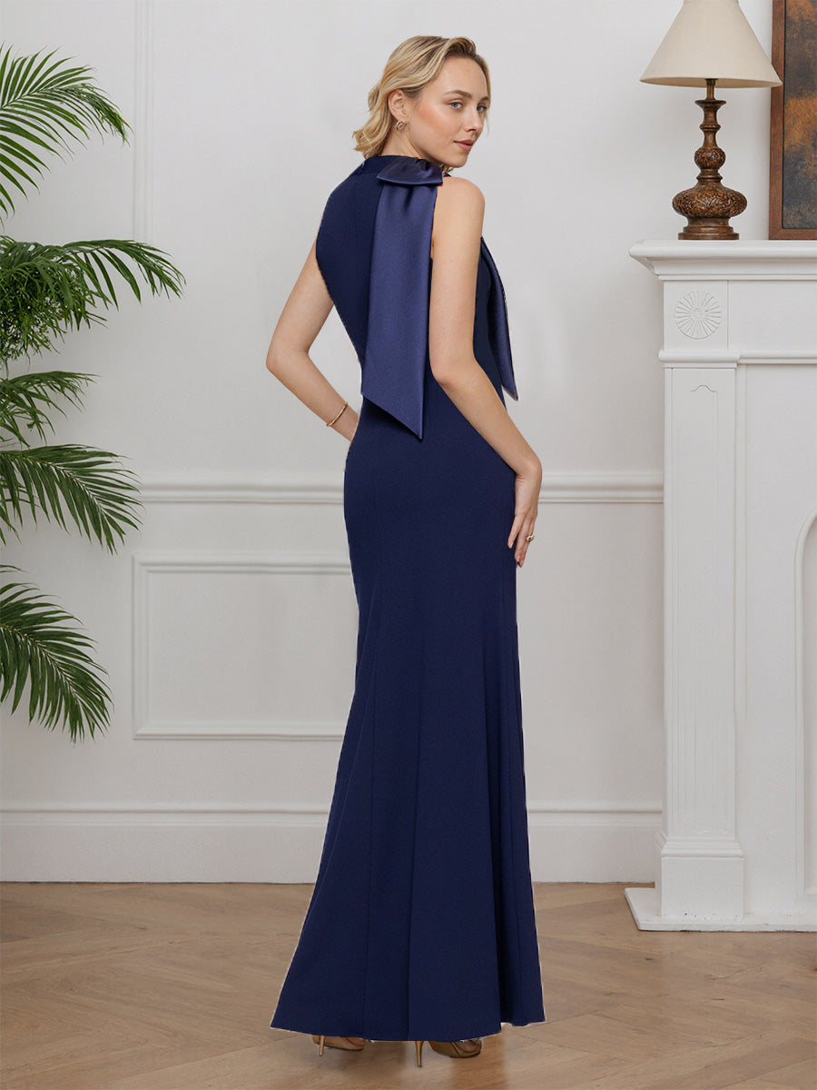 Cicinia Bleu Marine Robe pour Mère de la Mariée Longue en Tissu Extensible Sheath Décolleté Halter