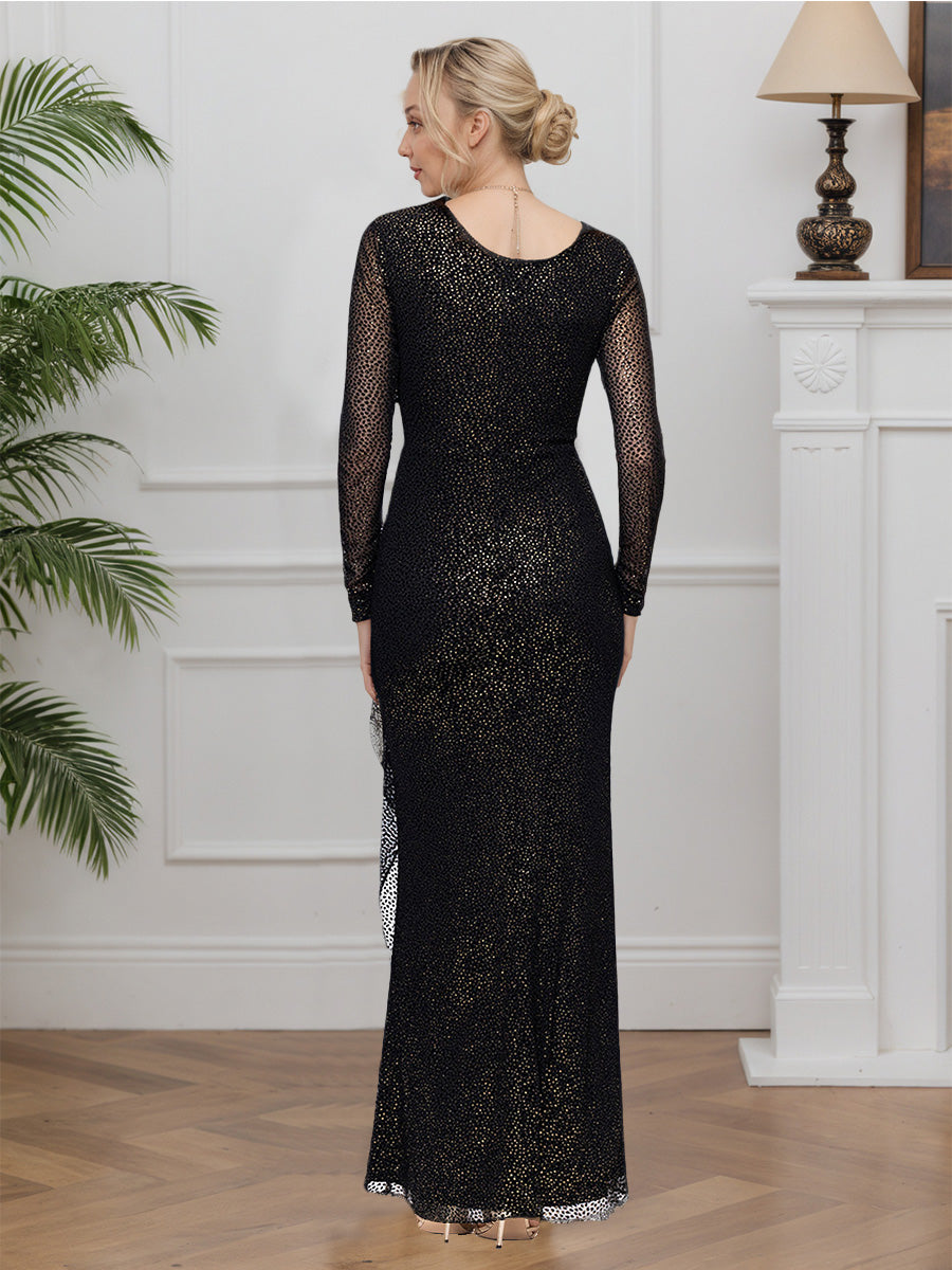 Cicinia Noir Robe pour Mère de la Mariée Longue en Tissu Scintillant Sheath Robe de Soirée Manches Longues Col Rond