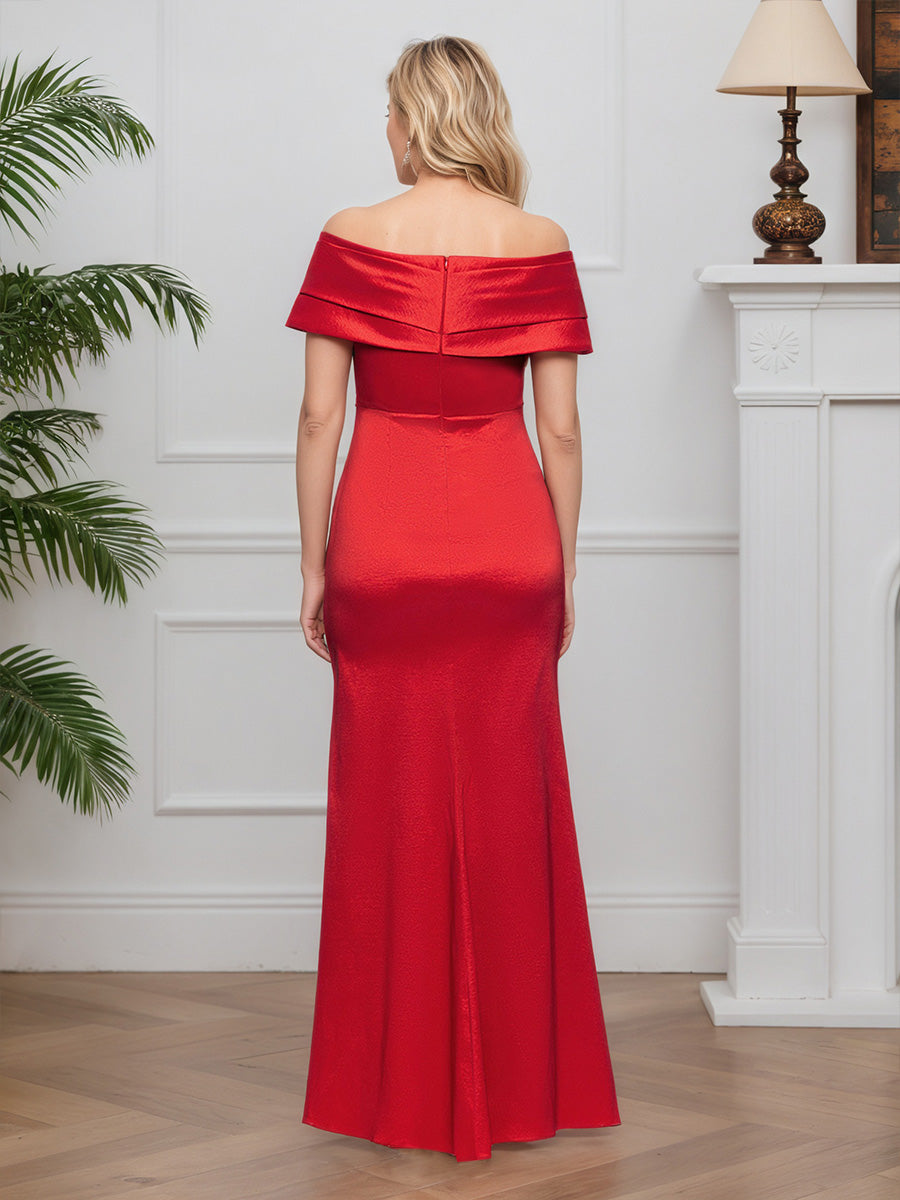 Cicinia Rouge Robe pour Mère de la Mariée Longue en Satin Extensible Sheath Robe de Soirée Épaules Dénudées