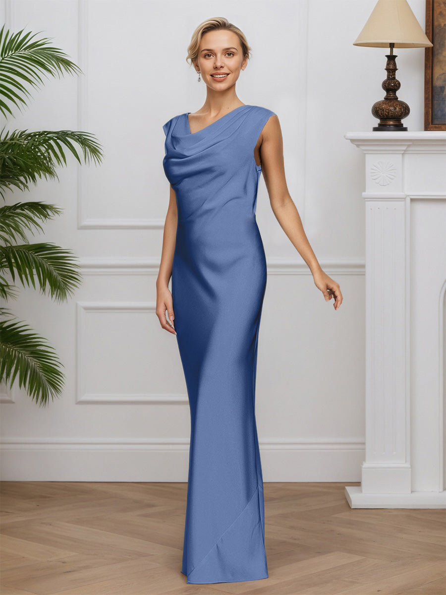 Cicinia Bleu Robe pour Mère de la Mariée Longue en Satin Chiffon Sheath Robe de Soirée