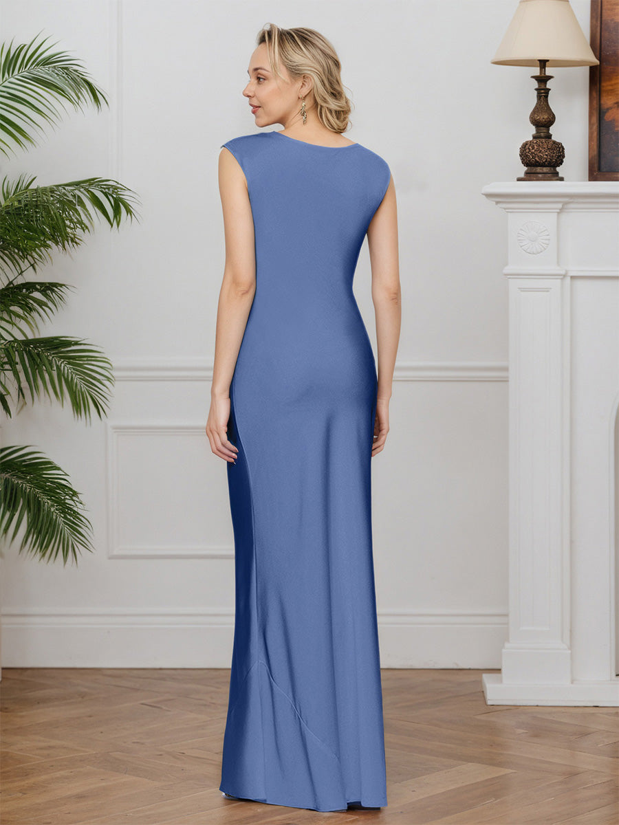 Cicinia Bleu Robe pour Mère de la Mariée Longue en Satin Chiffon Sheath Robe de Soirée