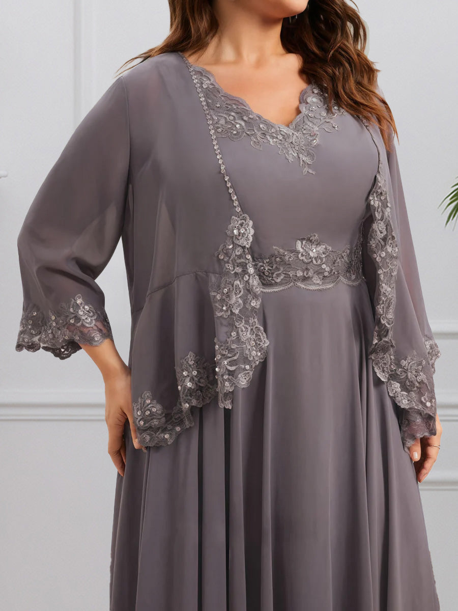 Cicinia Crépuscule Robe avec Veste pour Mère de la Mariée Courte en Mousseline et Dentelle Perlé Longueur Cheville Grande Taille