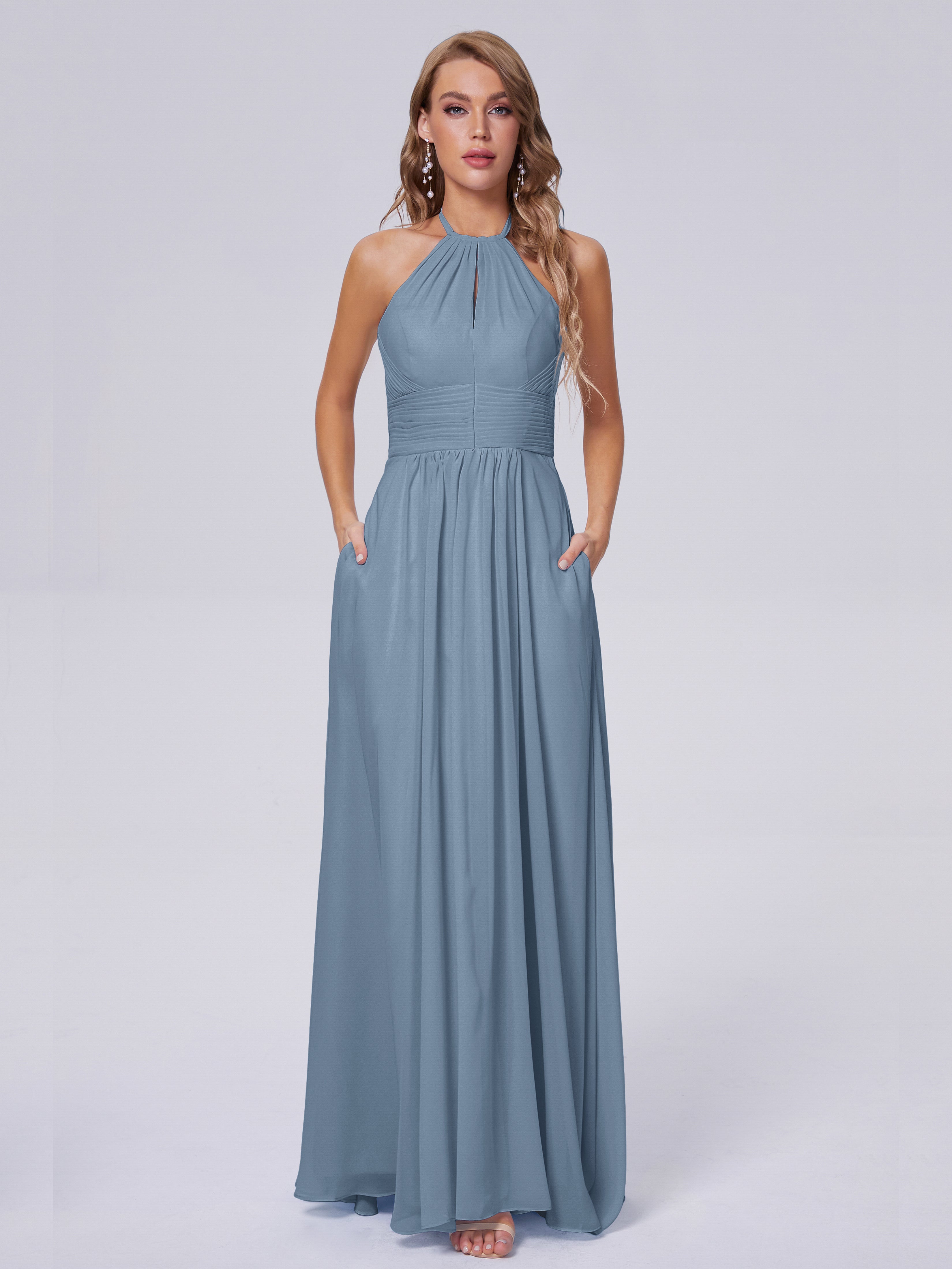 Robes De Demoiselle D'Honneur Bleu De Schiste Adaline Impressionnante Licou Mousseline Robes Demoiselle D'Honneur