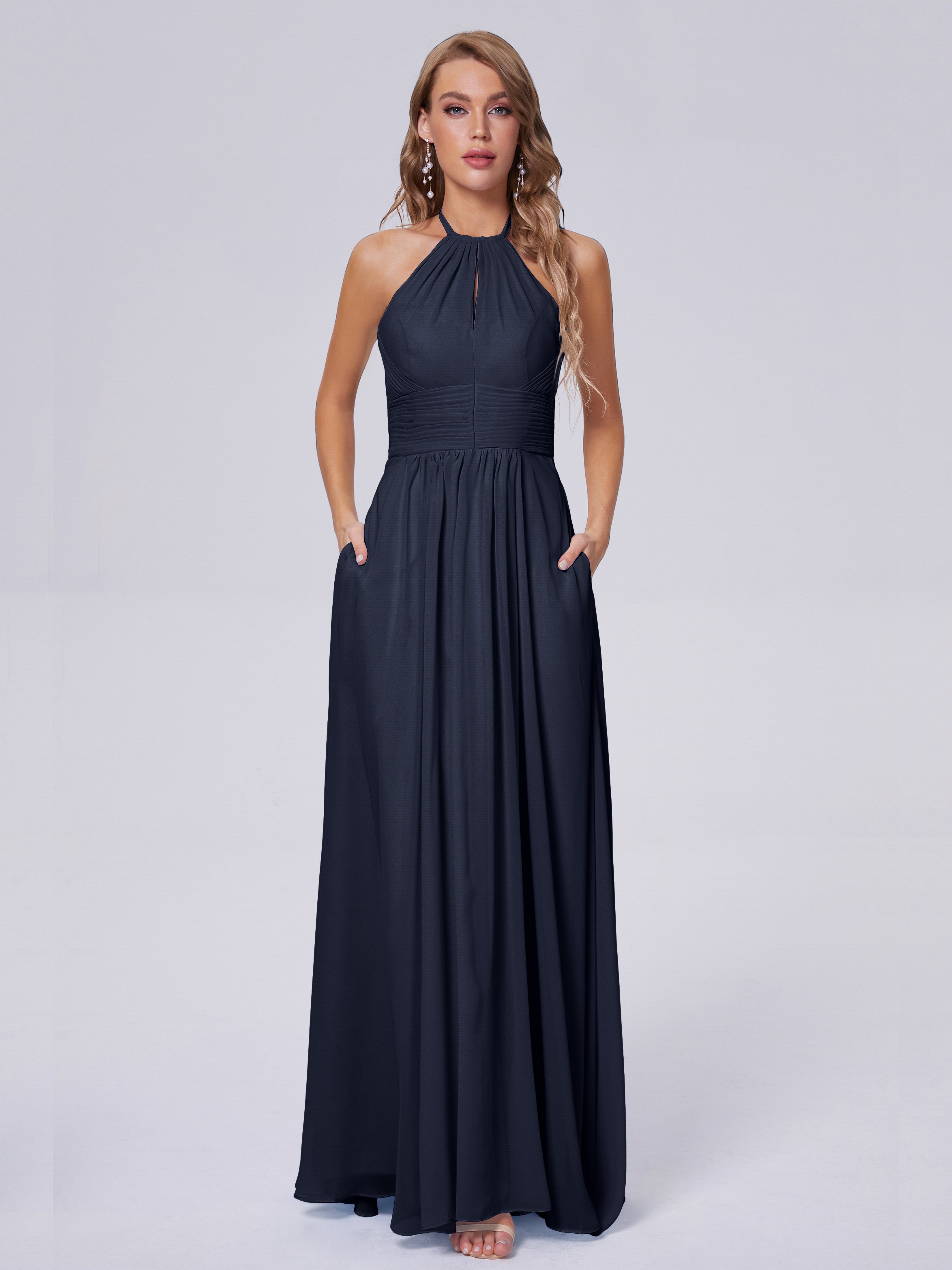 Robes De Demoiselle D'Honneur Bleu Marine Foncé Adaline Impressionnante Licou Mousseline Robes Demoiselle D'Honneur