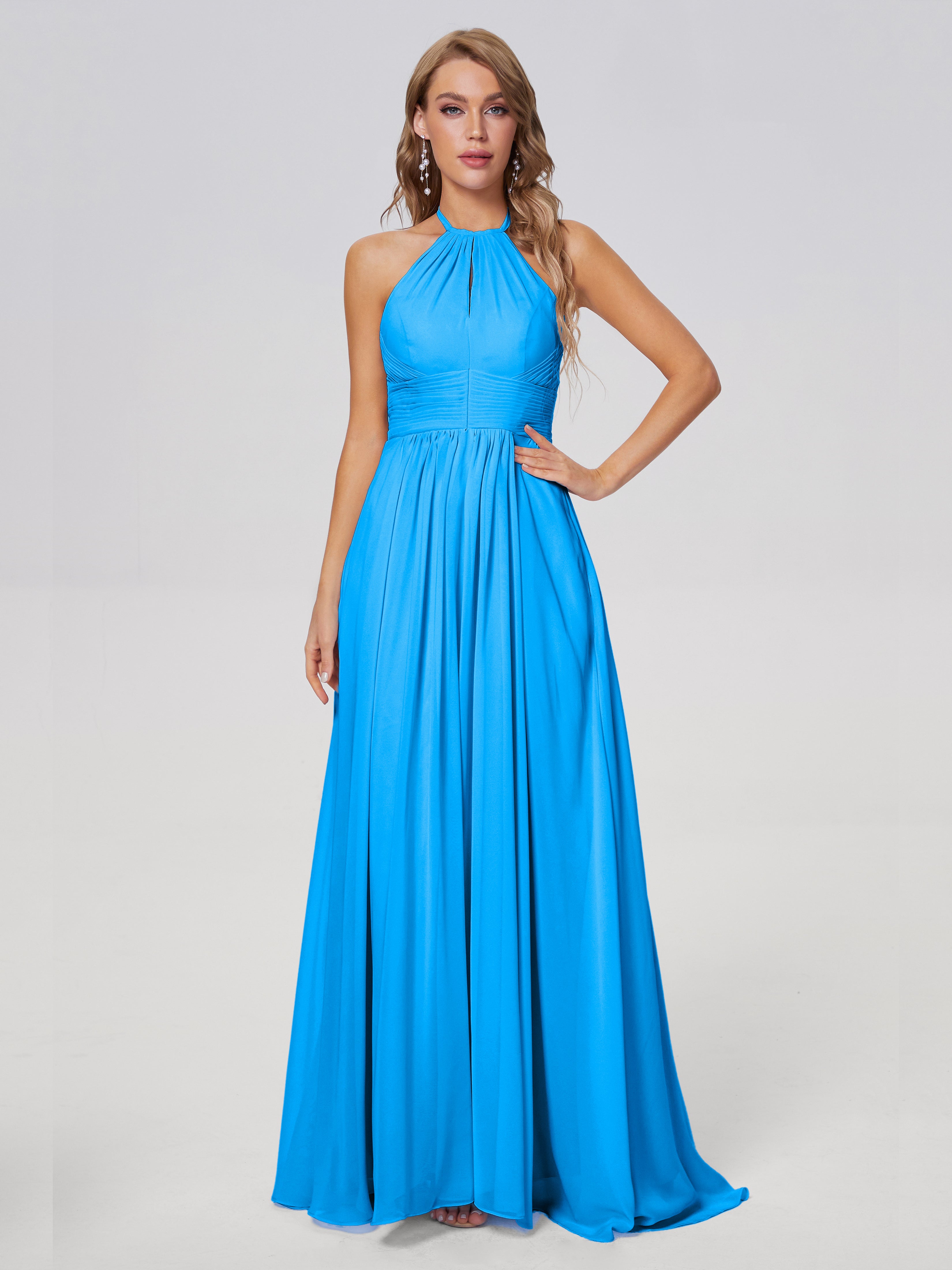 Robes De Demoiselle D'Honneur Bleu Océan Adaline Impressionnante Licou Mousseline Robes Demoiselle D'Honneur