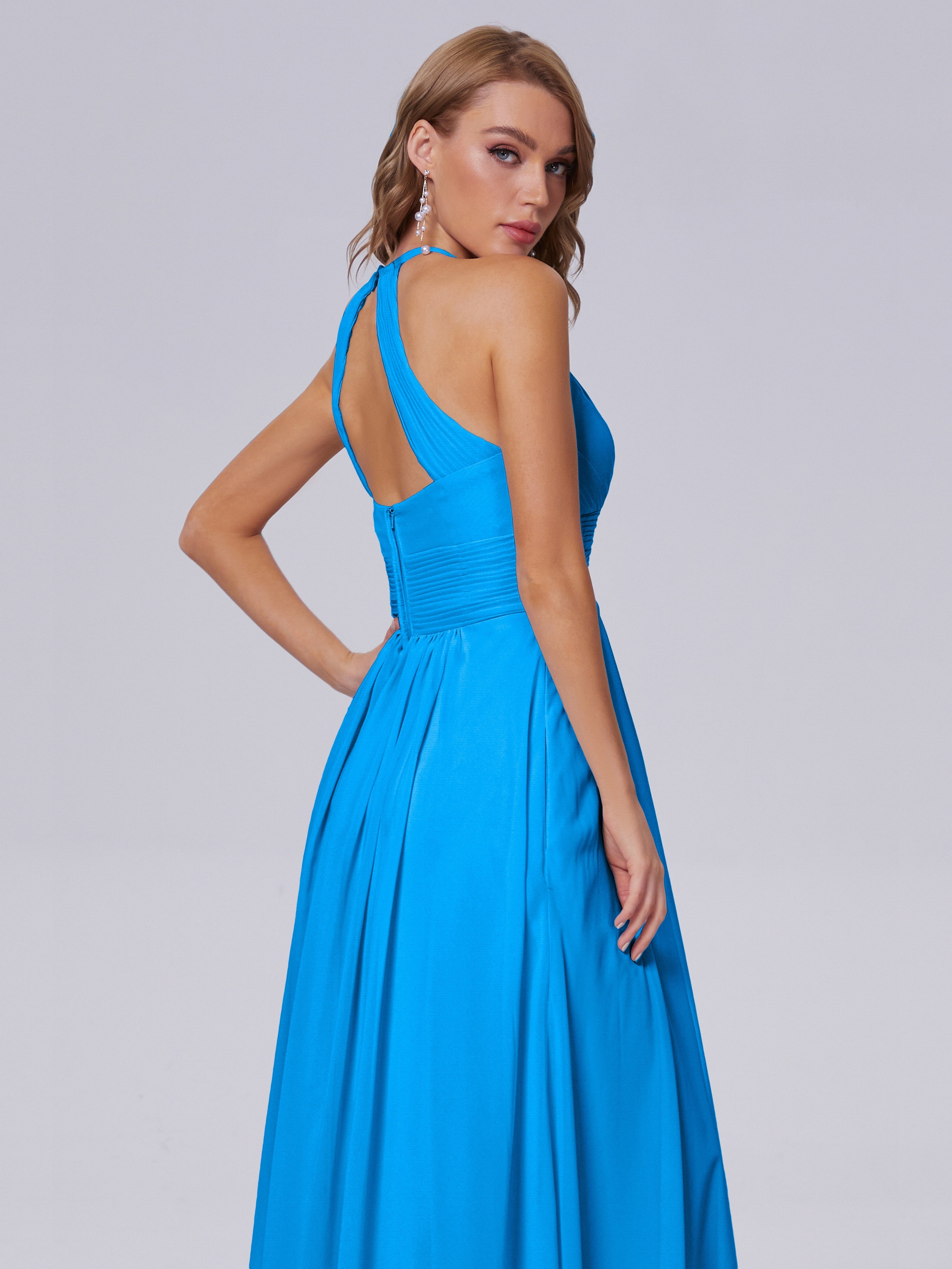 Robes De Demoiselle D'Honneur Bleu Océan Adaline Impressionnante Licou Mousseline Robes Demoiselle D'Honneur