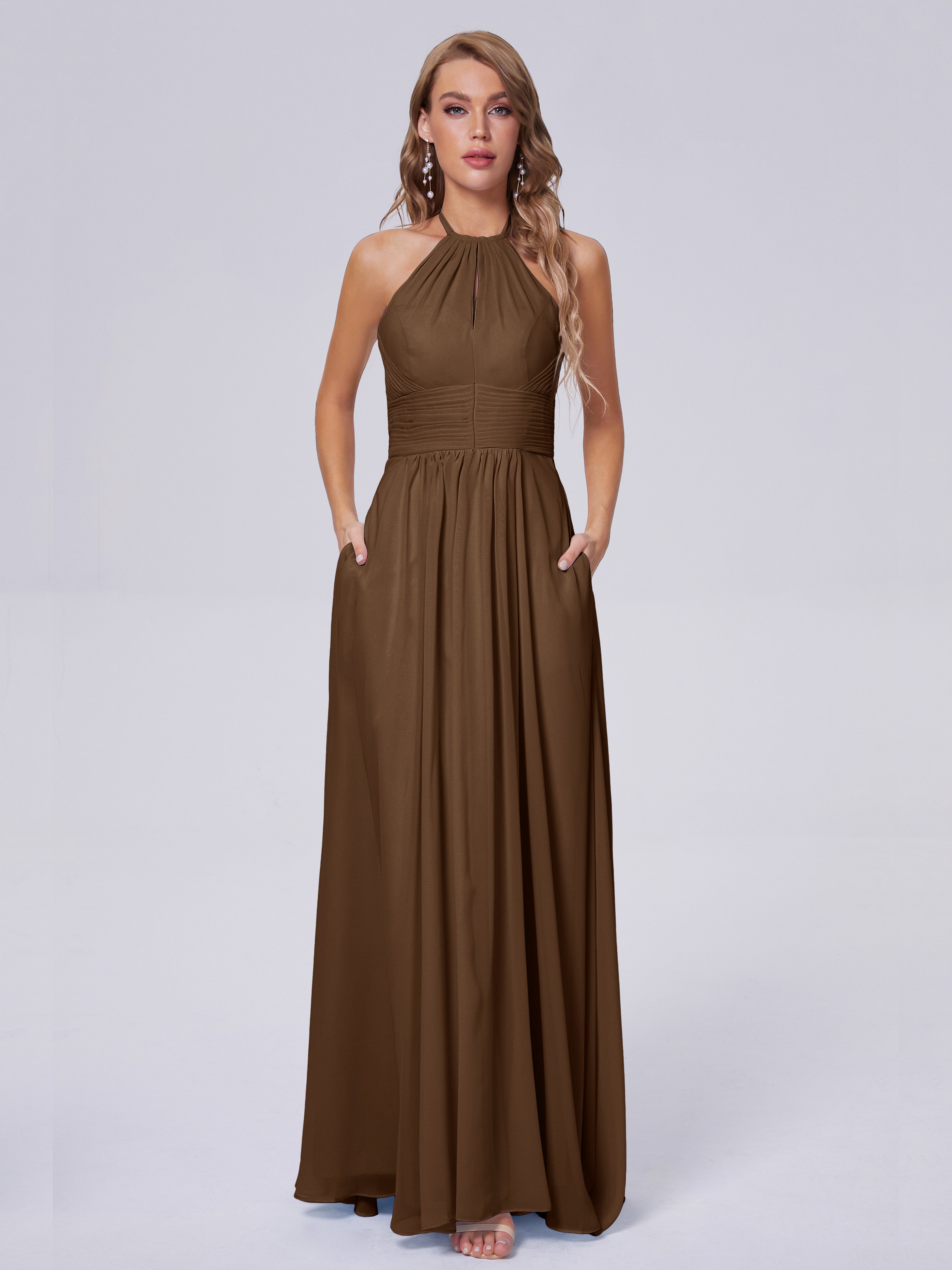 Robes De Demoiselle D'Honneur Brun Adaline Impressionnante Licou Mousseline Robes Demoiselle D'Honneur