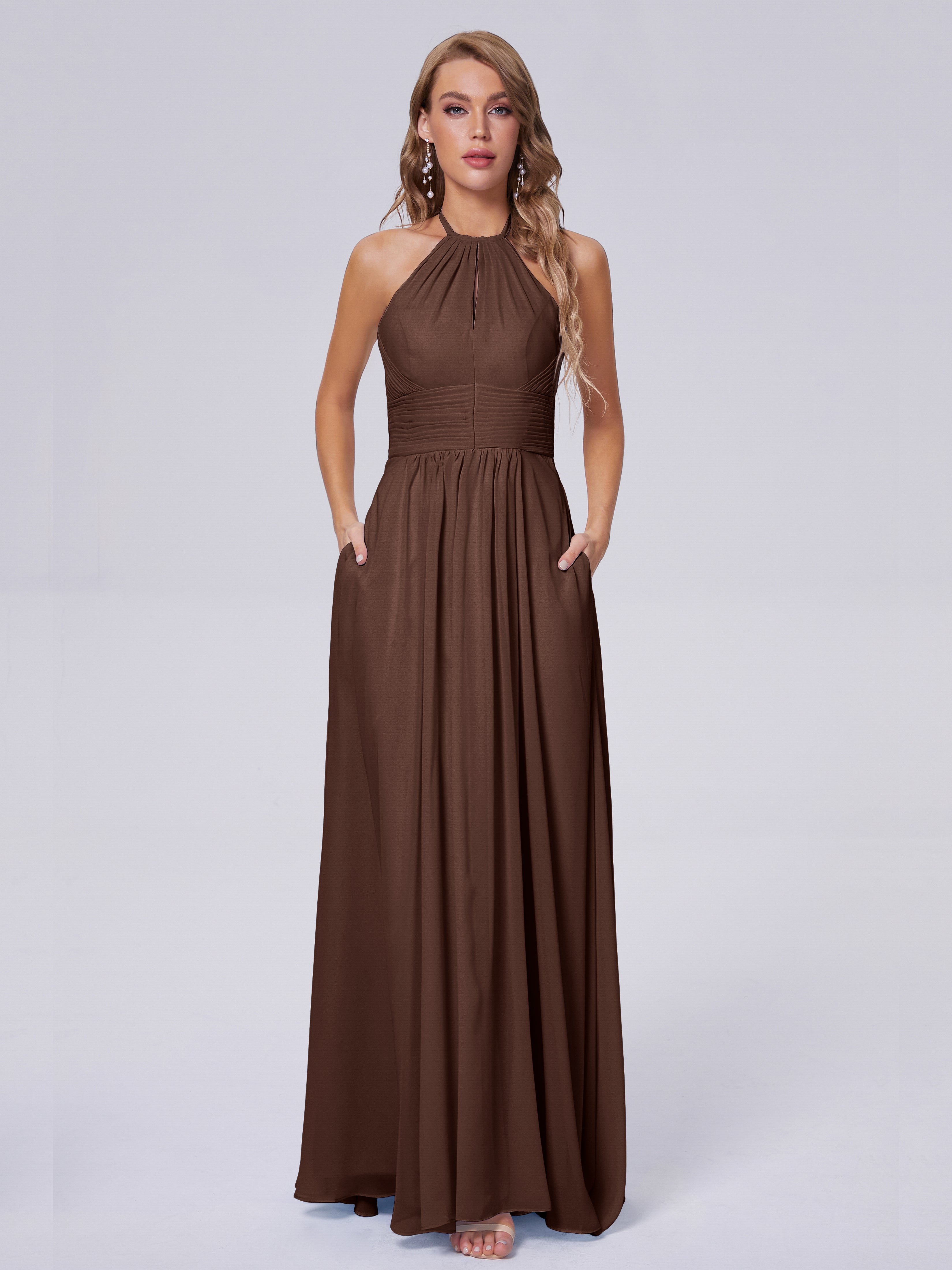 Robe Demoiselle D Honneur Marron Chocolat Adaline Impressionnante Licou Mousseline Robes Demoiselle D'Honneur