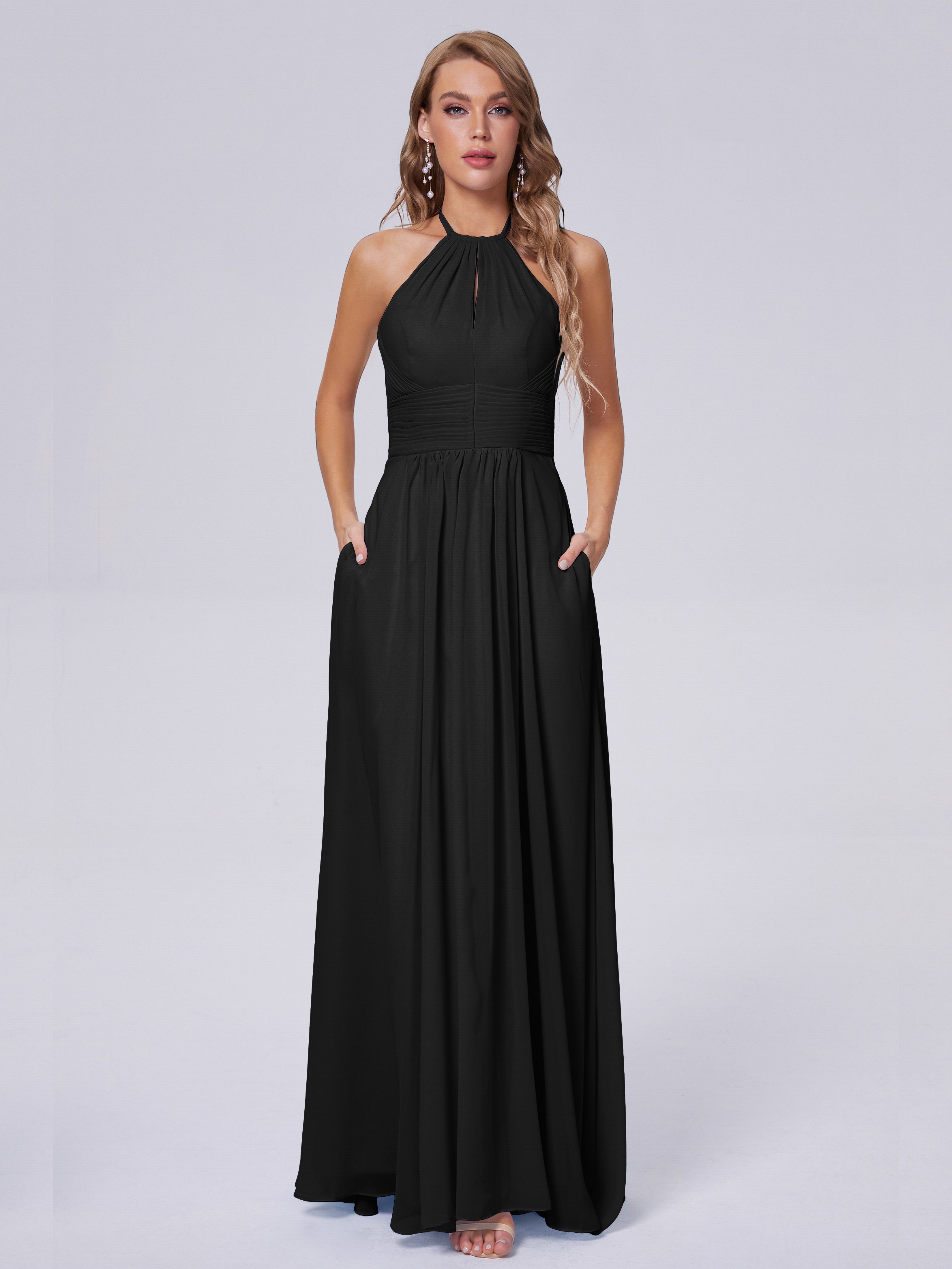Longues Robes De Demoiselle D'Honneur Noires Adaline Impressionnante Licou Mousseline Robes Demoiselle D'Honneur