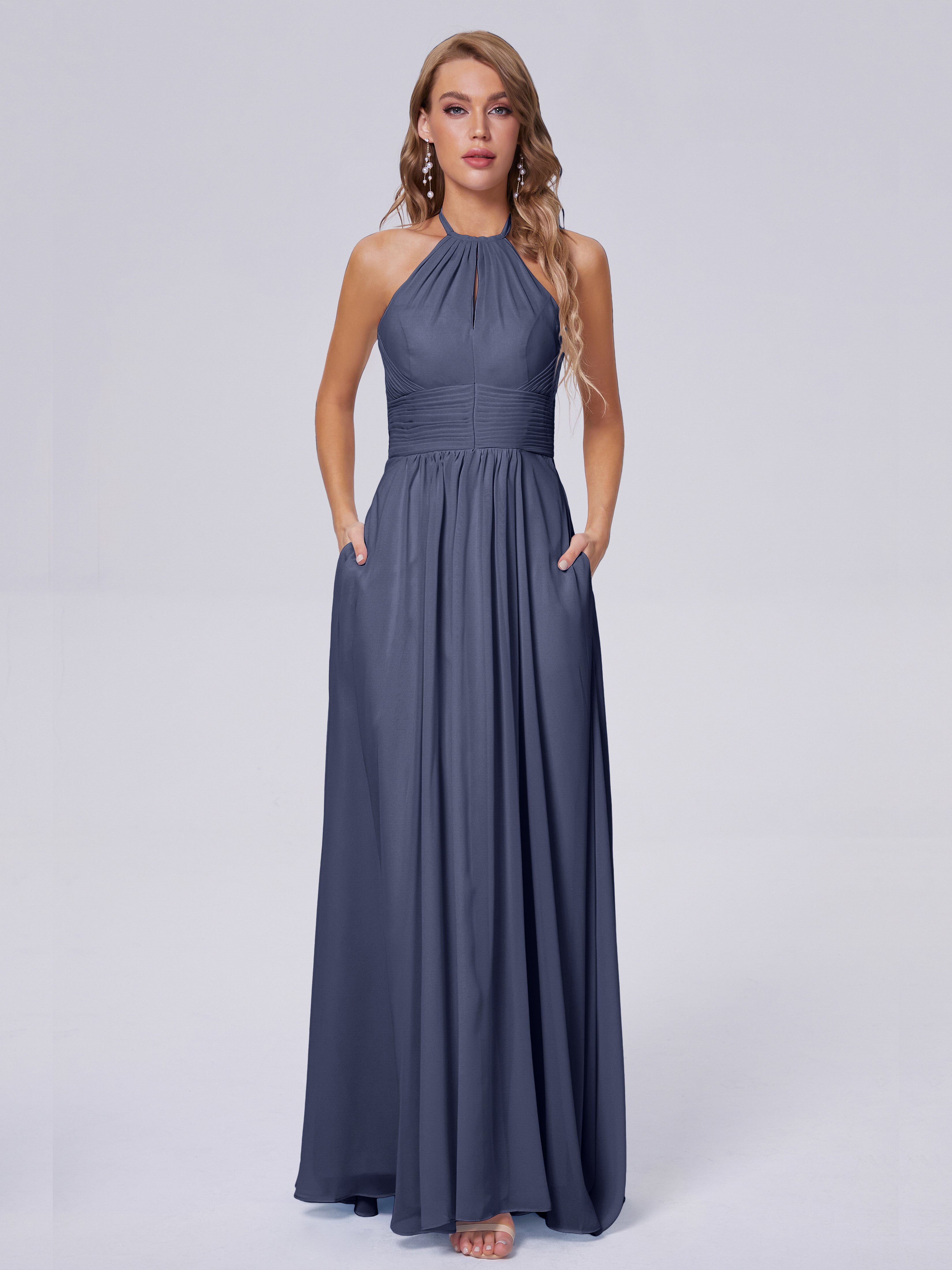 Robes De Demoiselle D'Honneur Bleu Orageux Adaline Impressionnante Licou Mousseline Robes Demoiselle D'Honneur
