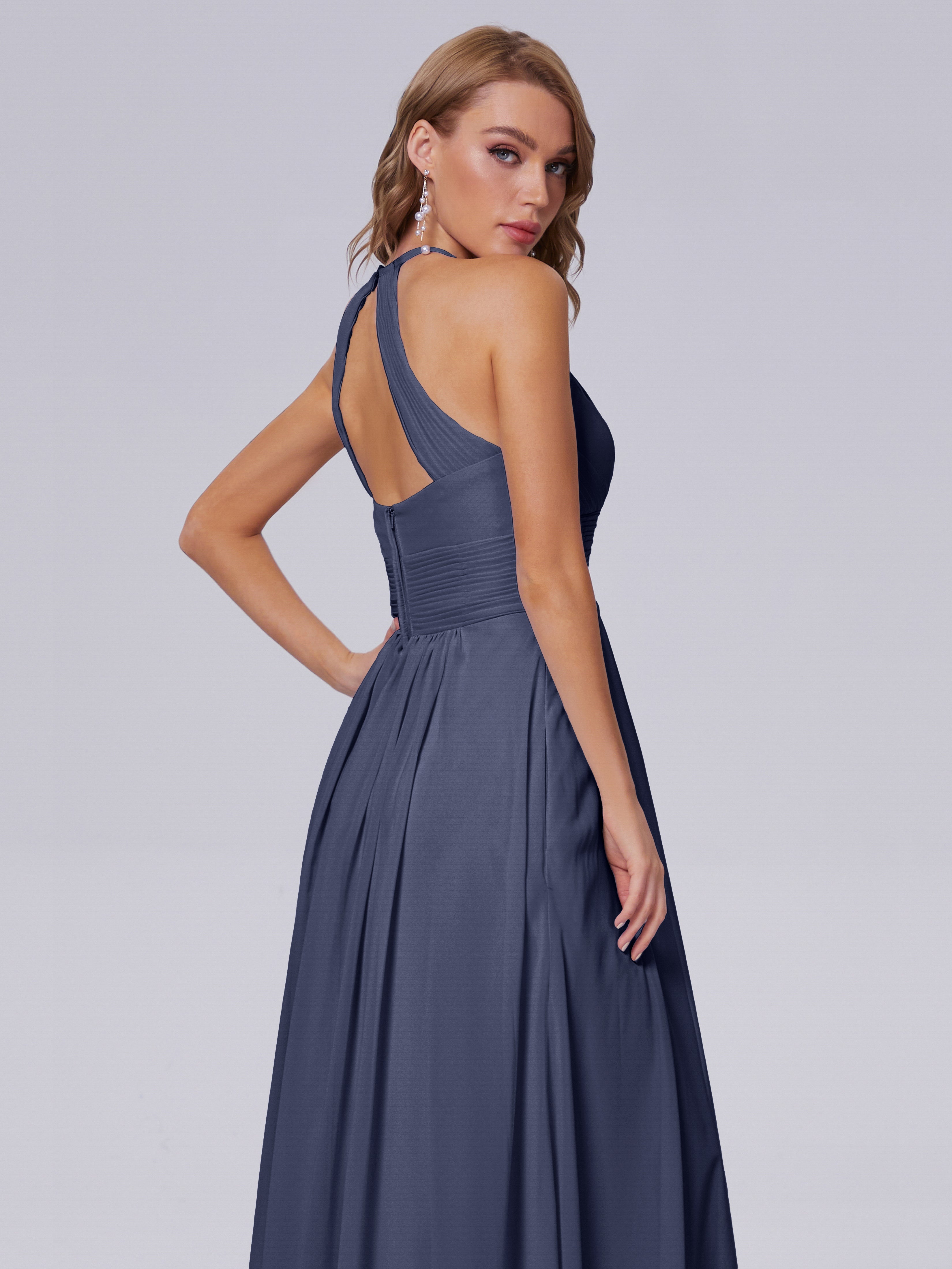 Robes De Demoiselle D'Honneur Bleu Orageux Adaline Impressionnante Licou Mousseline Robes Demoiselle D'Honneur