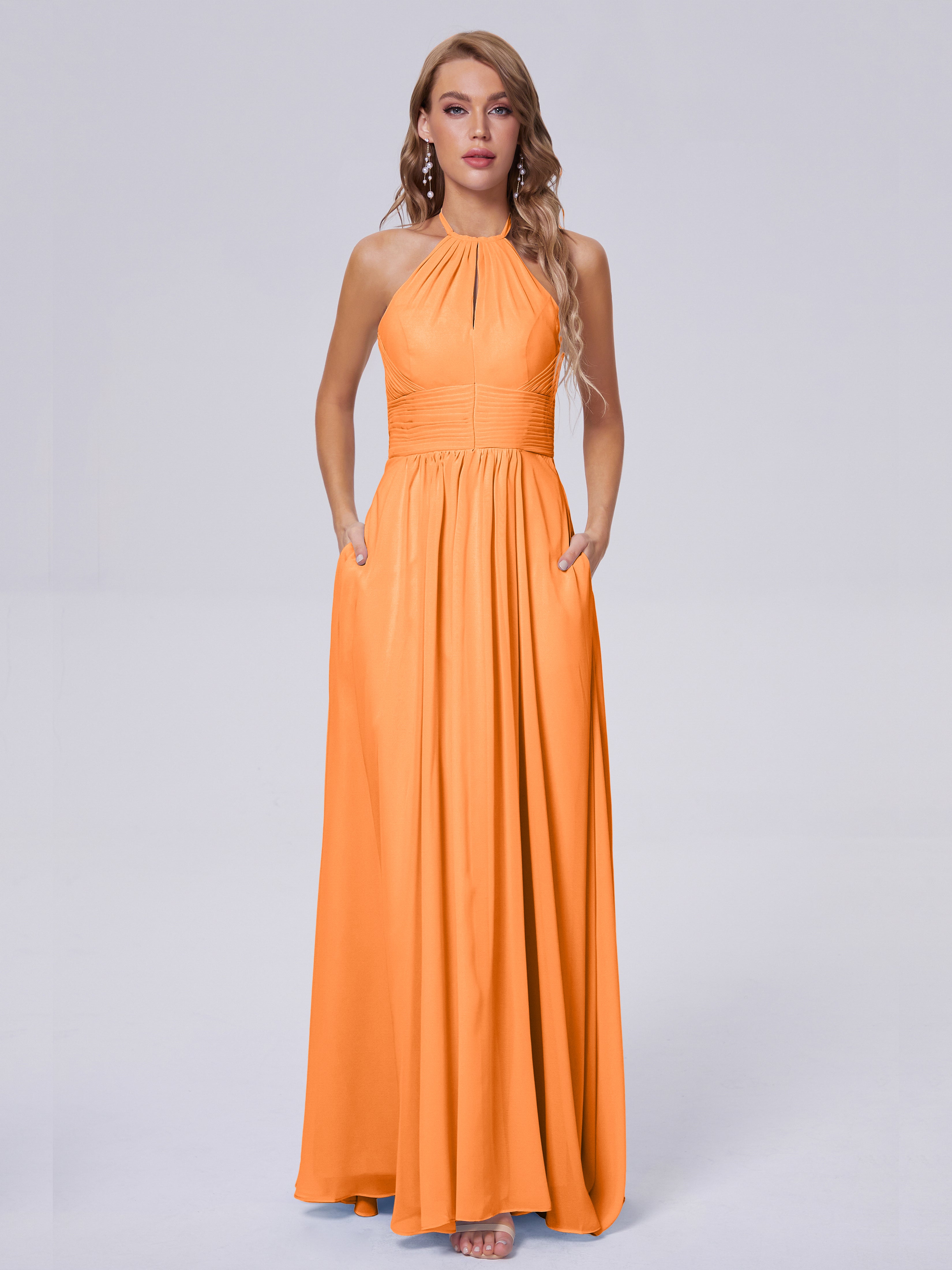 Robe Demoiselle D Honneur Orange Vif Adaline Impressionnante Licou Mousseline Robes Demoiselle D'Honneur
