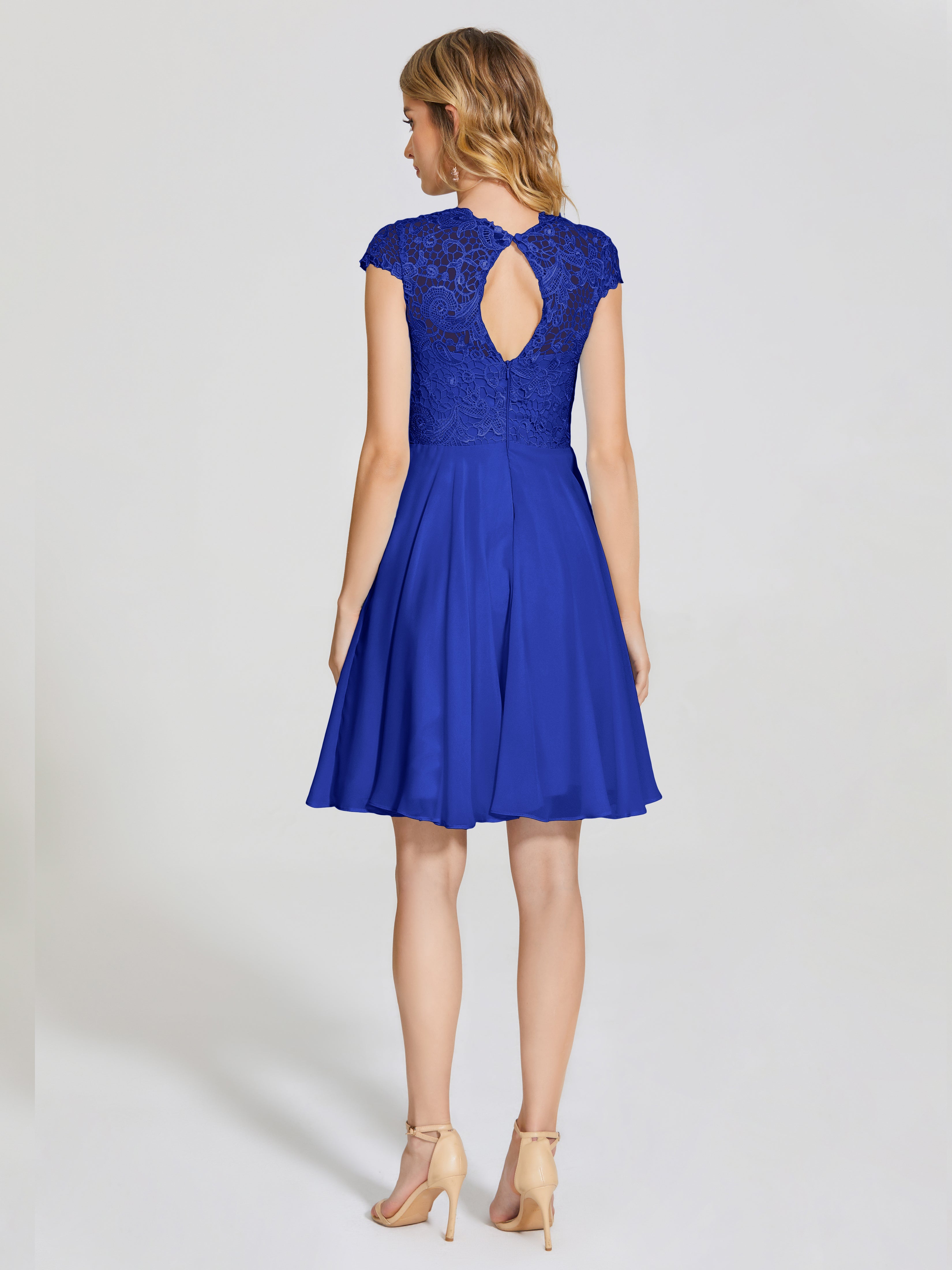 Mariage Robe Demoiselle D Honneur Bleu Roi Trapèze Courte Dentelle Mousseline Robe De Demoiselle D'Honneur