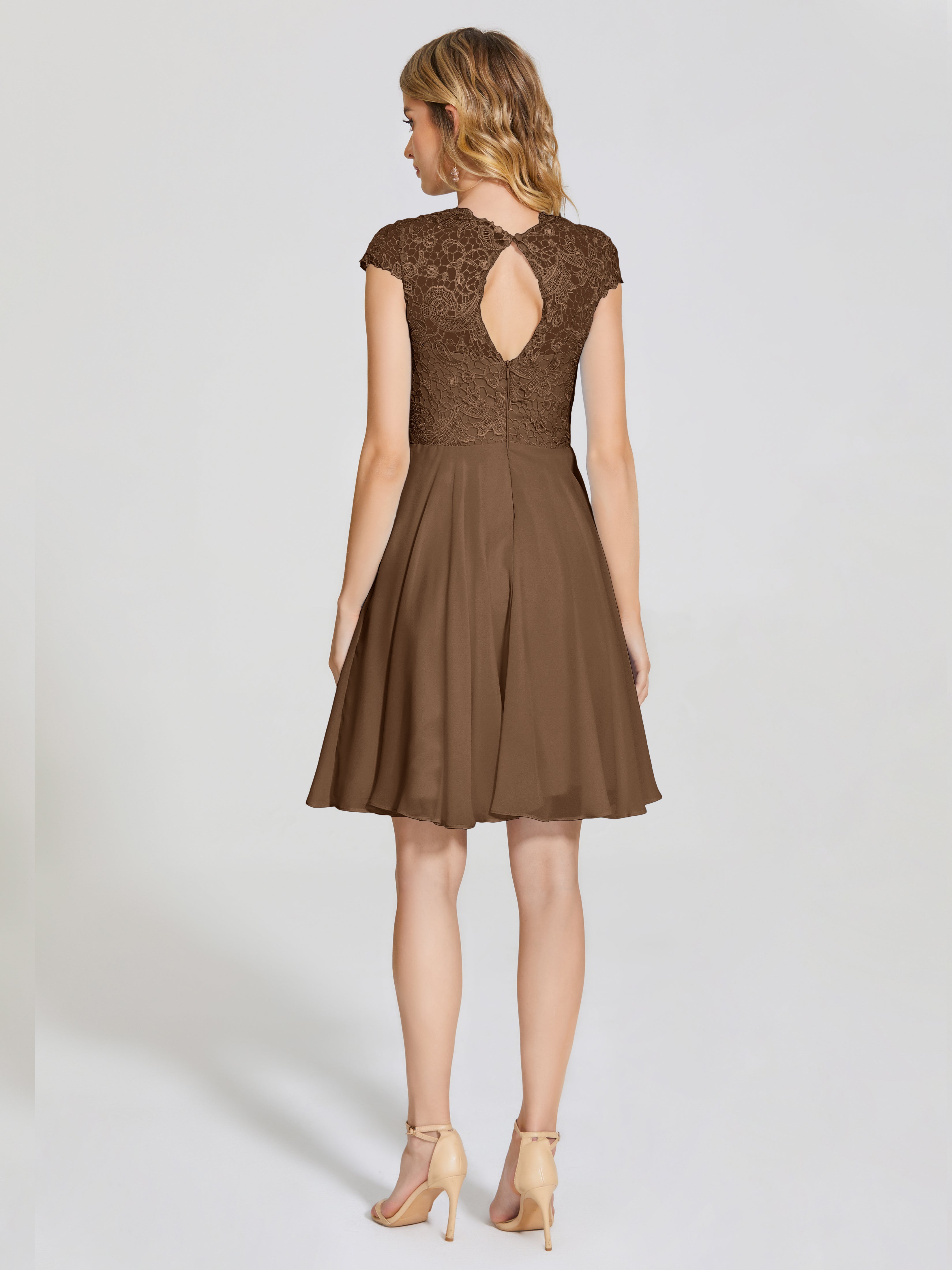 Robes De Demoiselle D'Honneur Brun Trapèze Courte Dentelle Mousseline Robe De Demoiselle D'Honneur