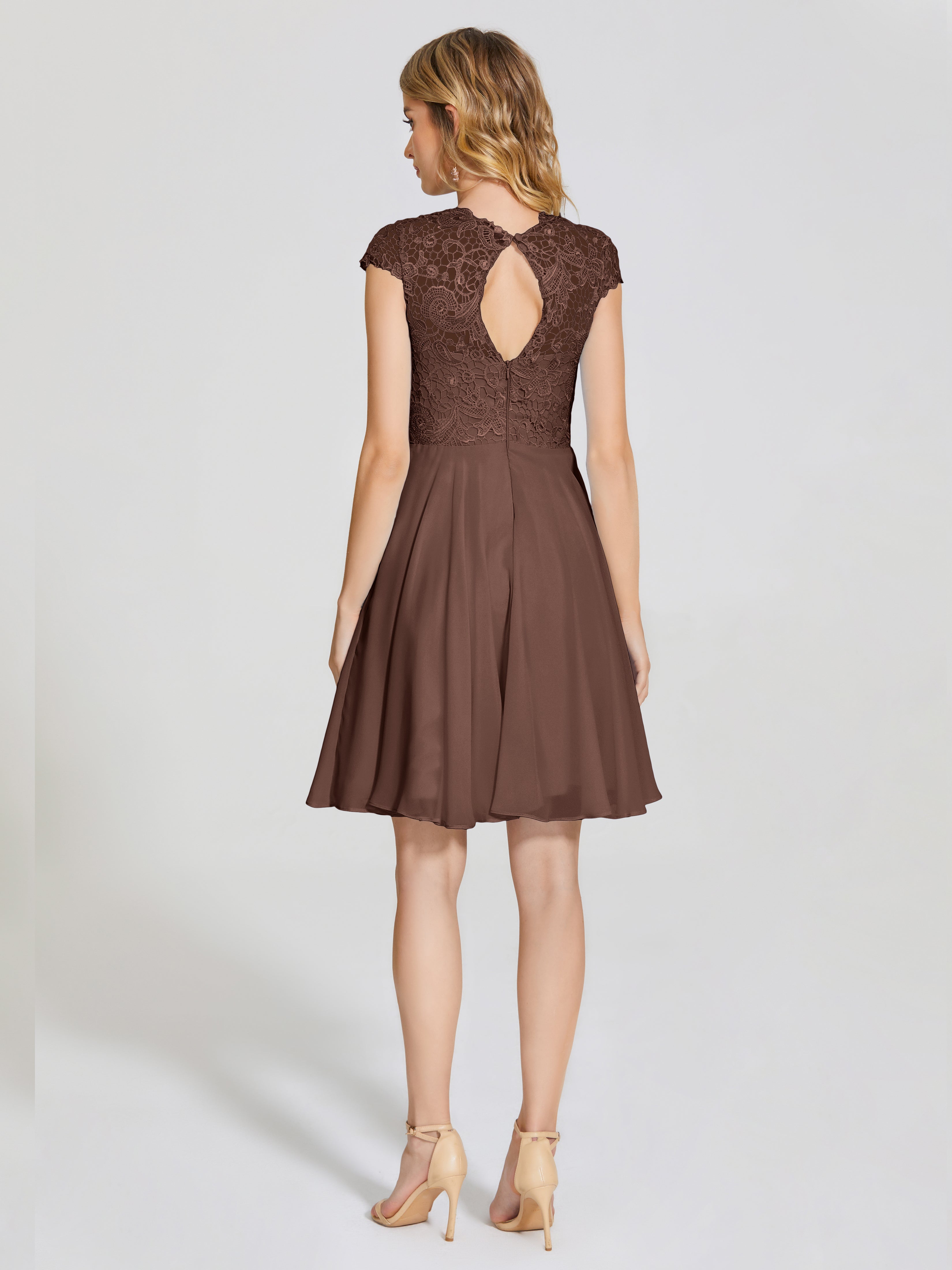 Robe Marron Chocolat Demoiselle D Honneur Trapèze Courte Dentelle Mousseline Robe De Demoiselle D'Honneur