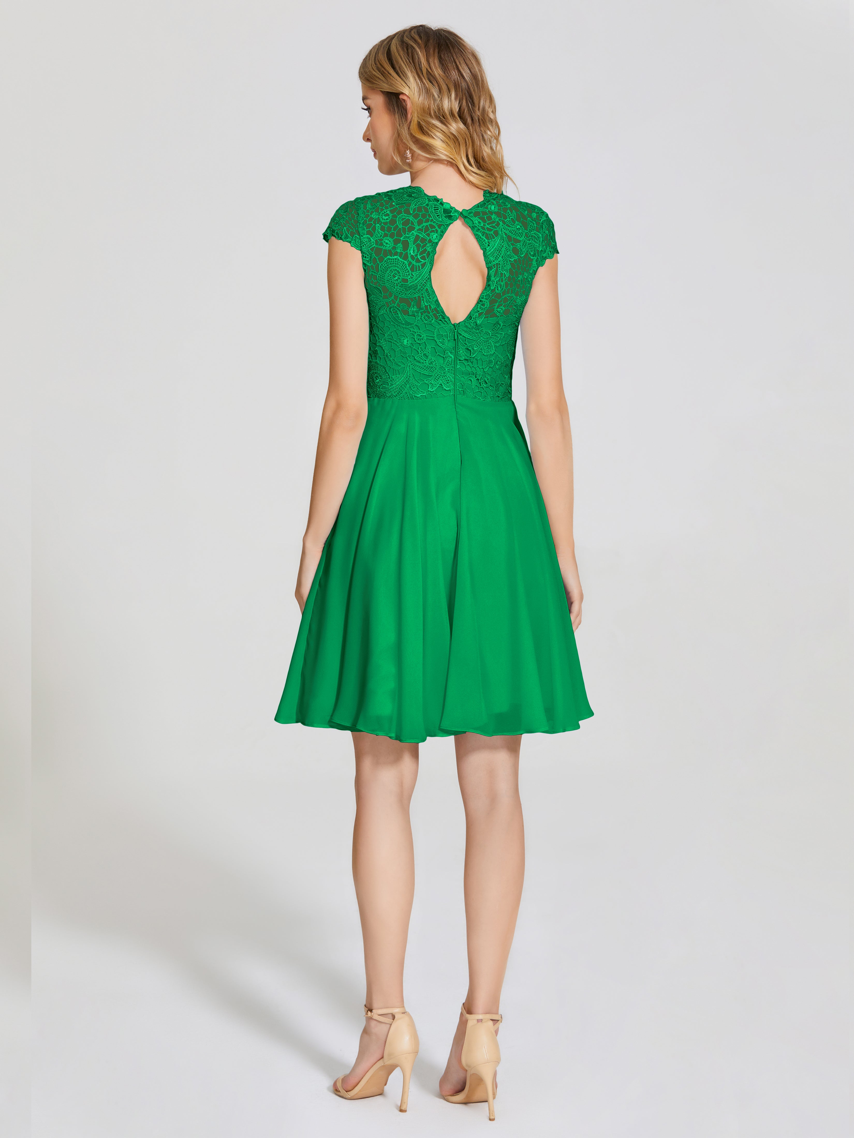 Demoiselle D Honneur Vert Émeraude Trapèze Courte Dentelle Mousseline Robe De Demoiselle D'Honneur