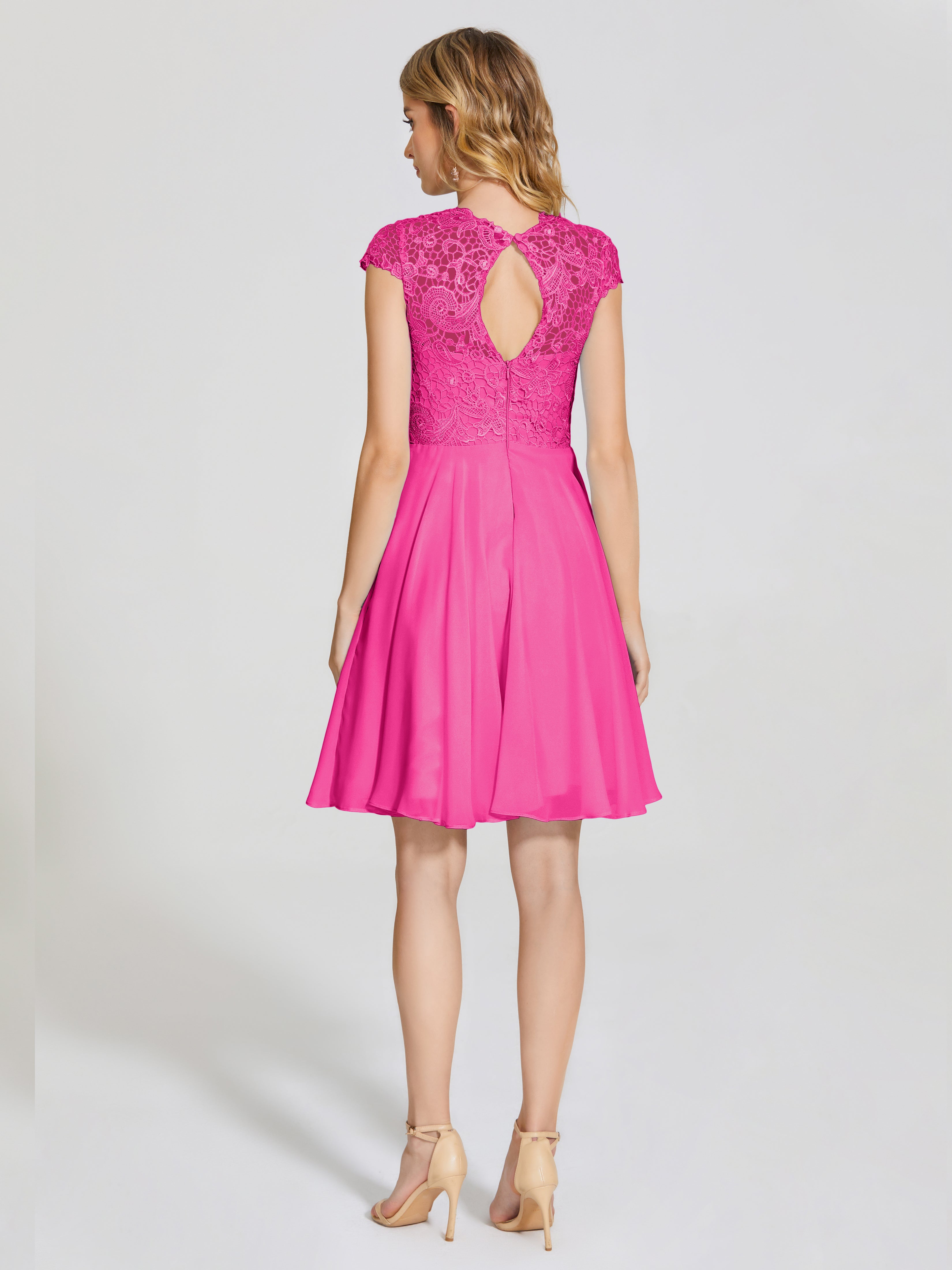 Robes De Demoiselle D'Honneur Couleur Rose Fuchsia Trapèze Courte Dentelle Mousseline Robe De Demoiselle D'Honneur