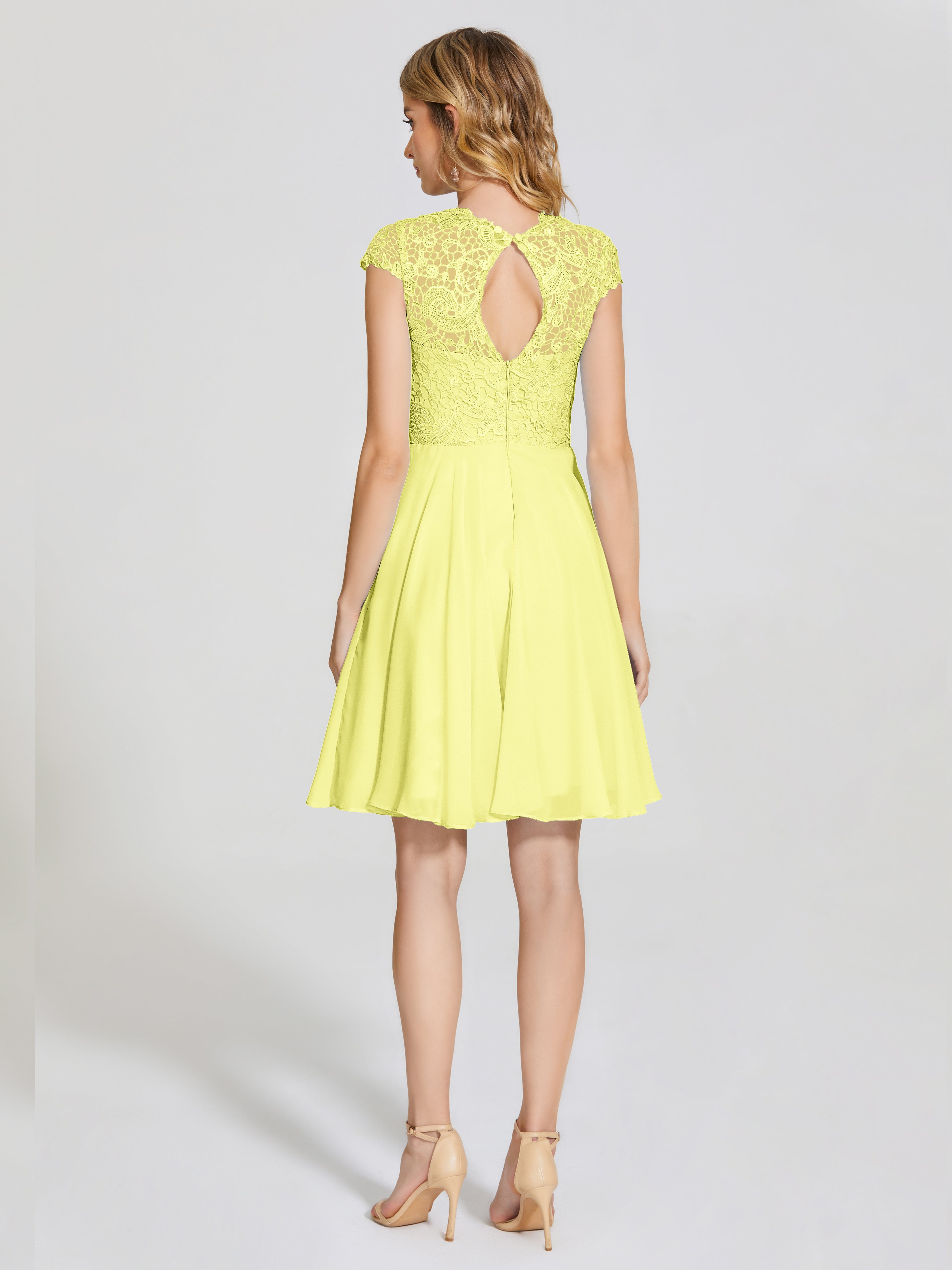 Robes De Demoiselle D'Honneur Jonquille Trapèze Courte Dentelle Mousseline Robe De Demoiselle D'Honneur