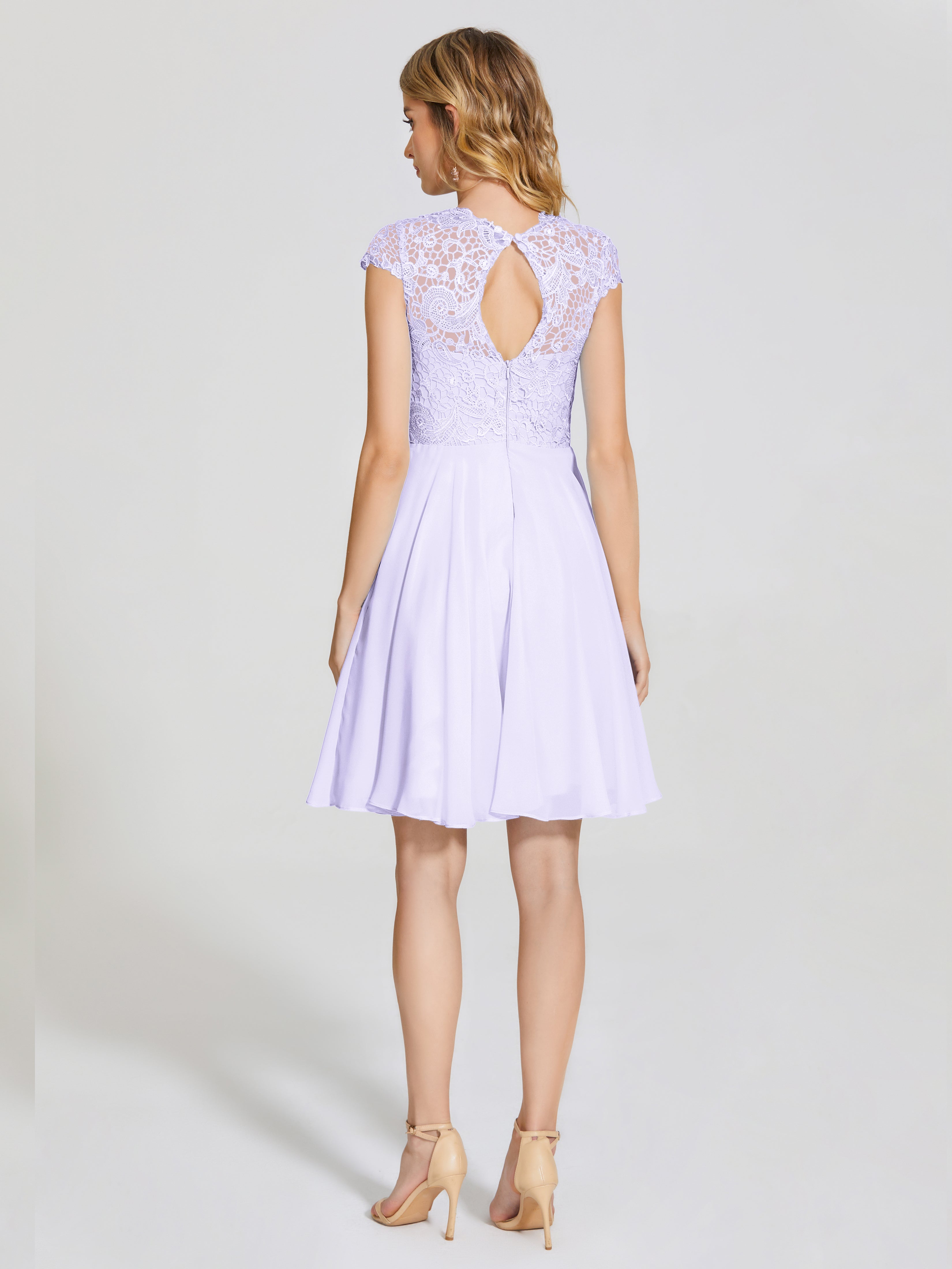 Robes De Demoiselle D'Honneur Lilas Trapèze Courte Dentelle Mousseline Robe De Demoiselle D'Honneur