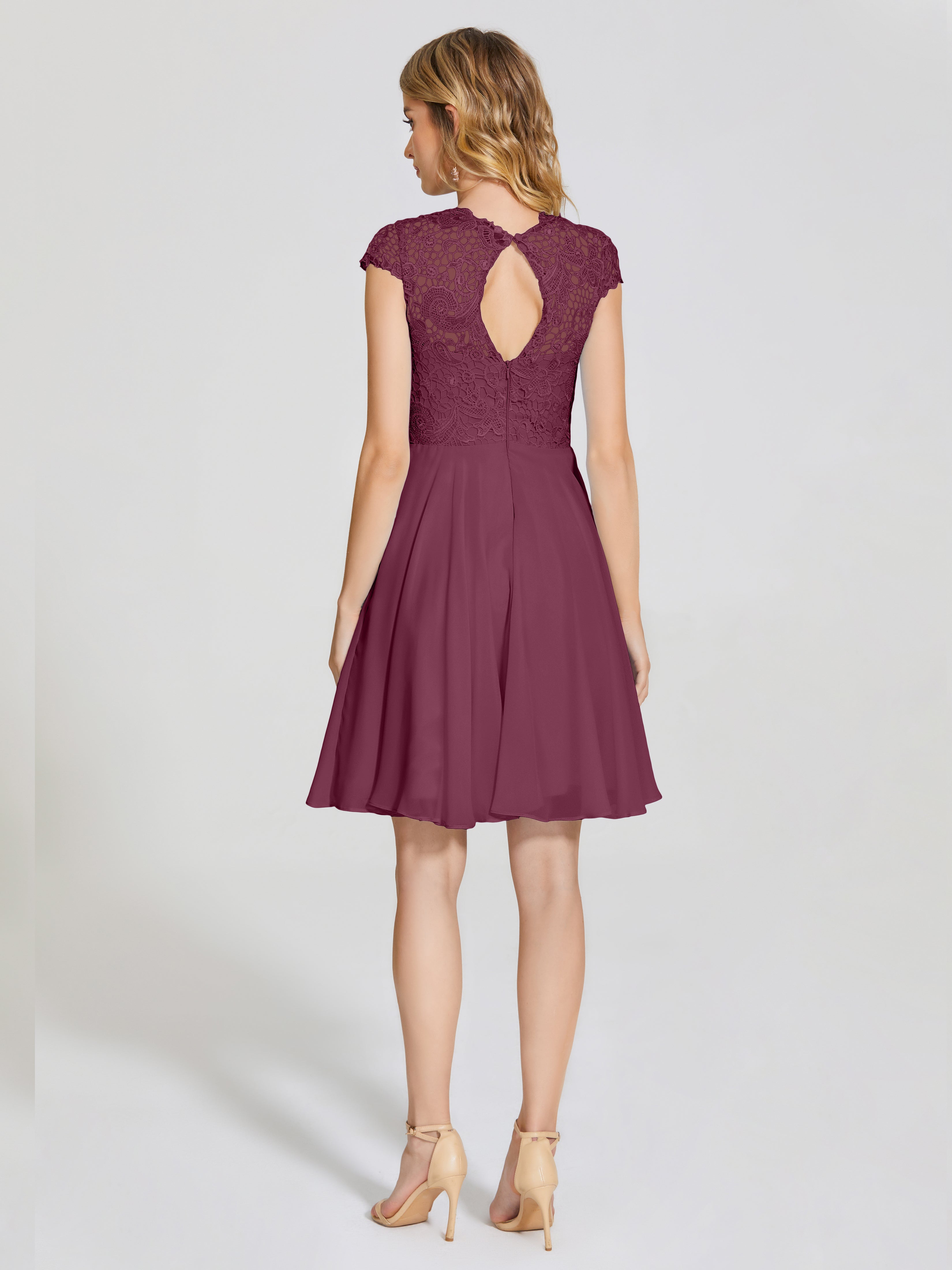 Robes De Demoiselle D'Honneur Mûre Trapèze Courte Dentelle Mousseline Robe De Demoiselle D'Honneur