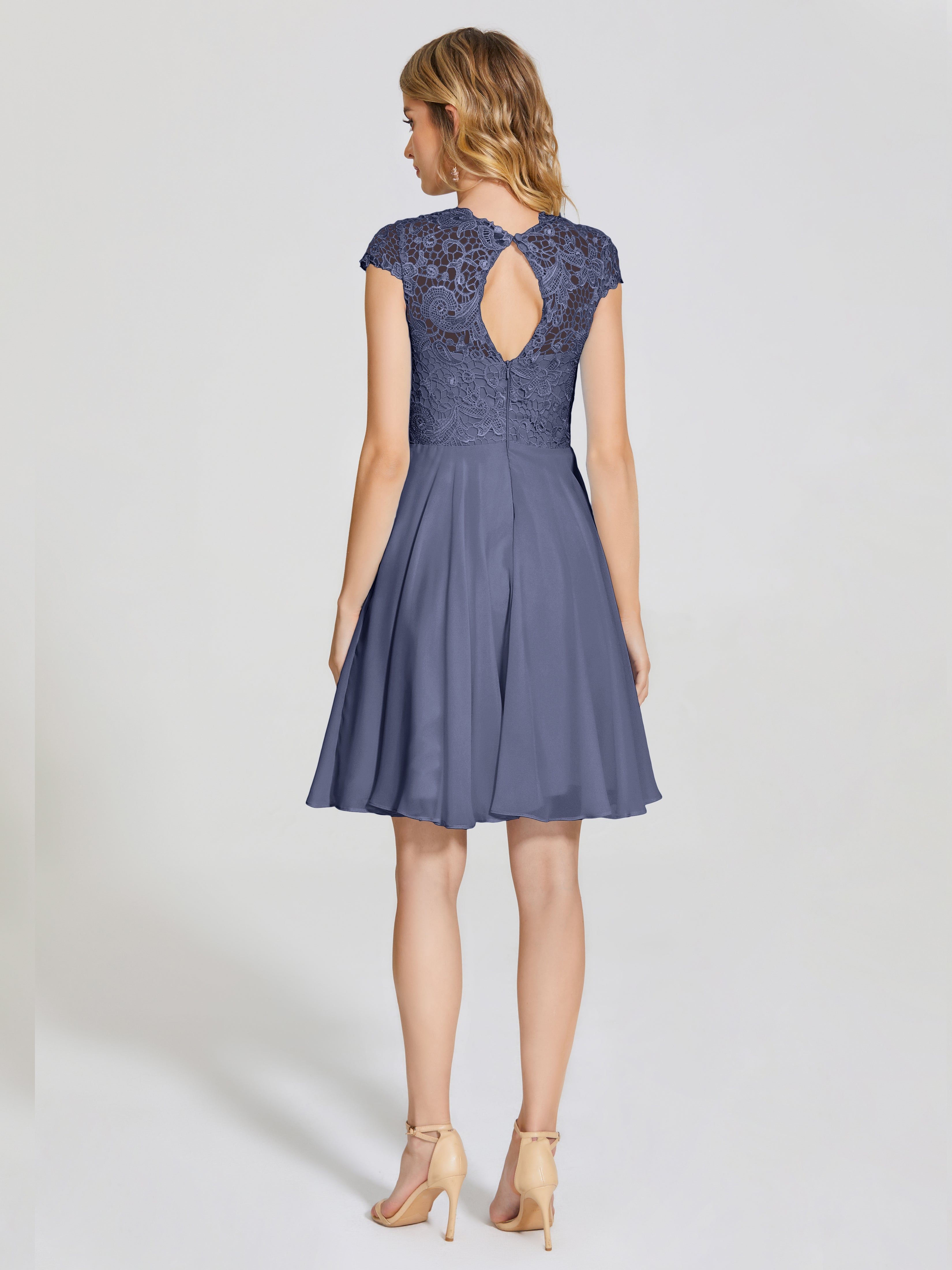 Robes De Demoiselle D'Honneur Bleu Orageux Trapèze Courte Dentelle Mousseline Robe De Demoiselle D'Honneur