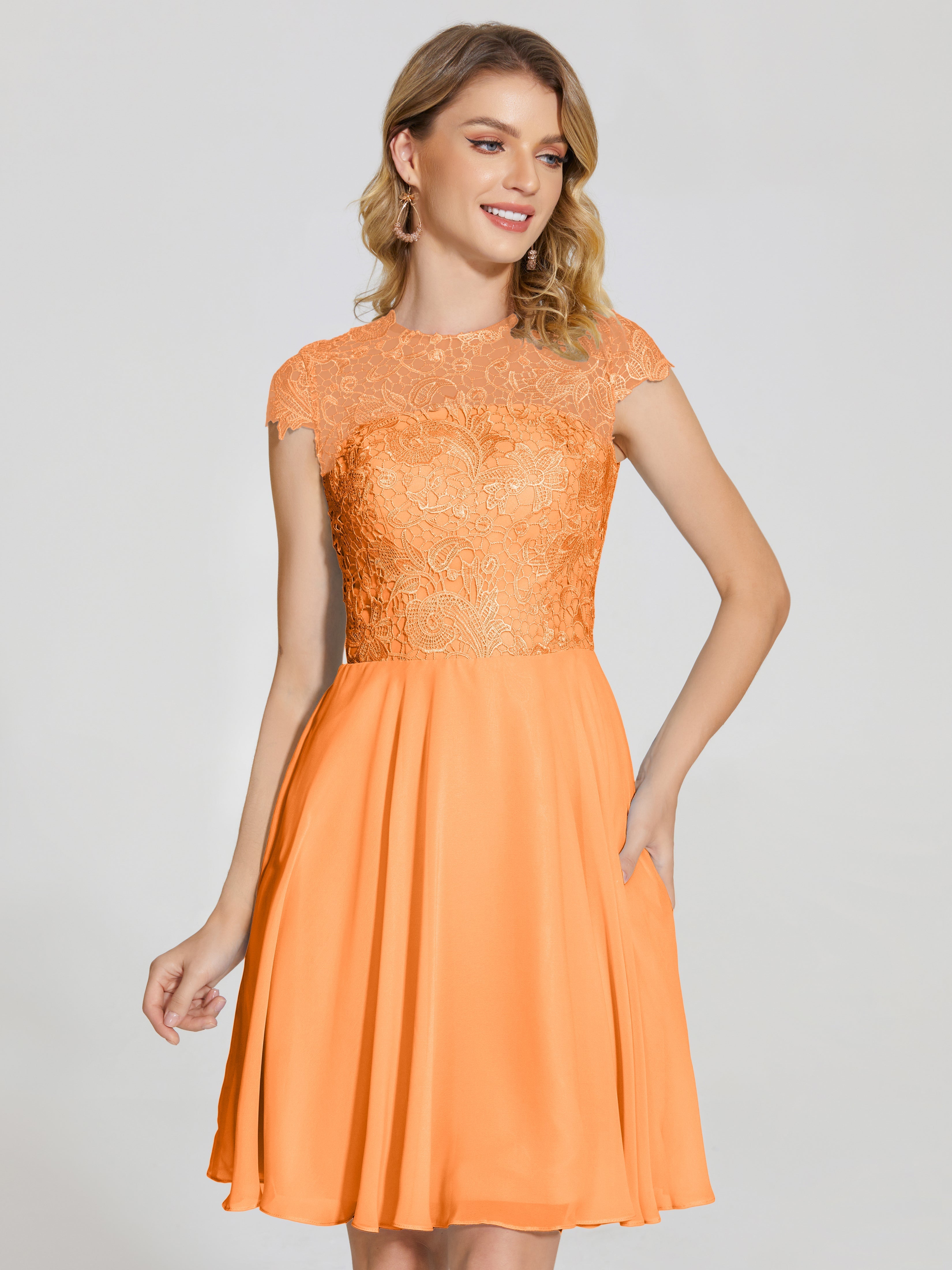 Robe Demoiselle D Honneur Orange Trapèze Courte Dentelle Mousseline Robe De Demoiselle D'Honneur
