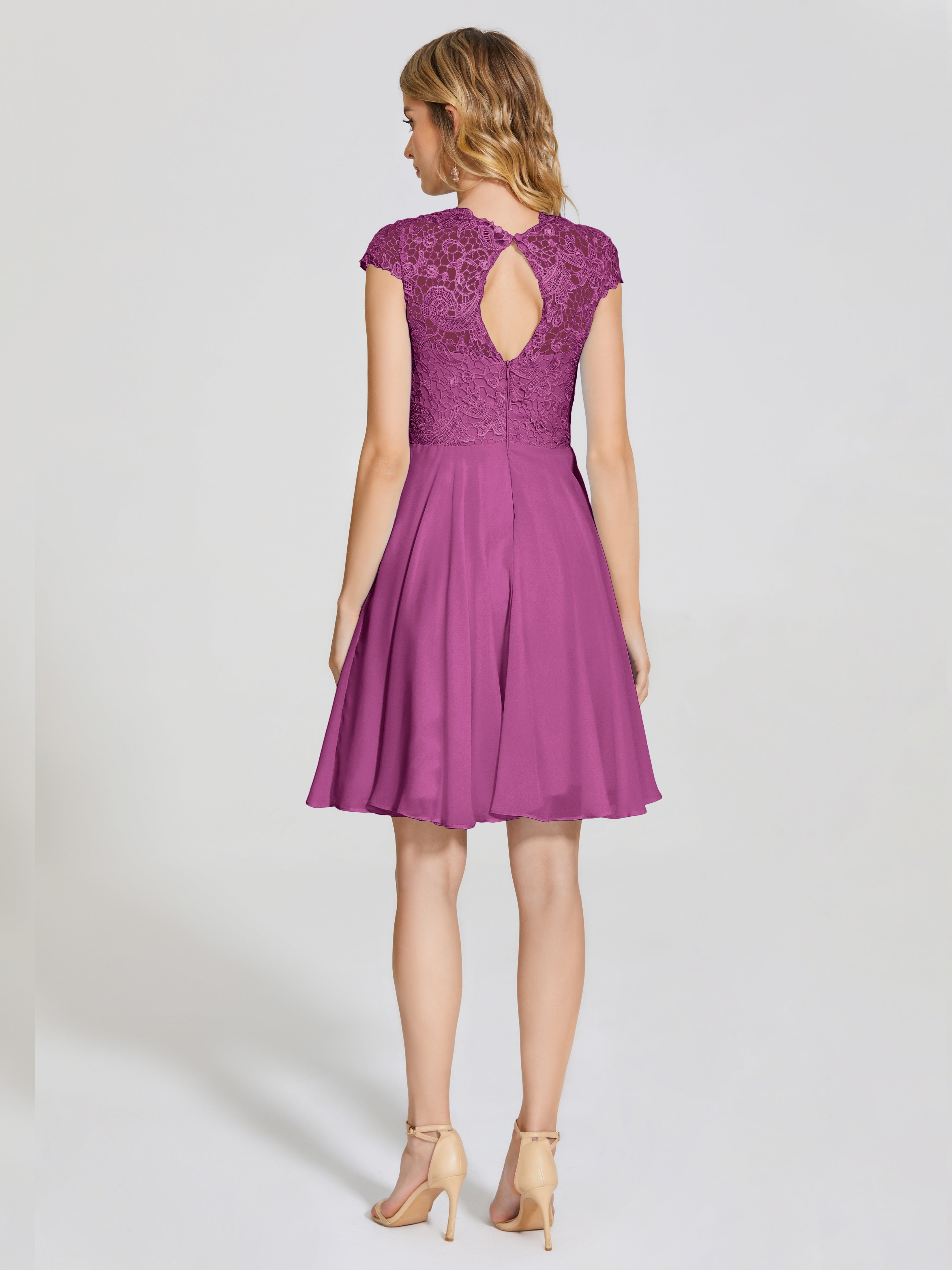 Robes De Demoiselle D'Honneur Orchidée Trapèze Courte Dentelle Mousseline Robe De Demoiselle D'Honneur