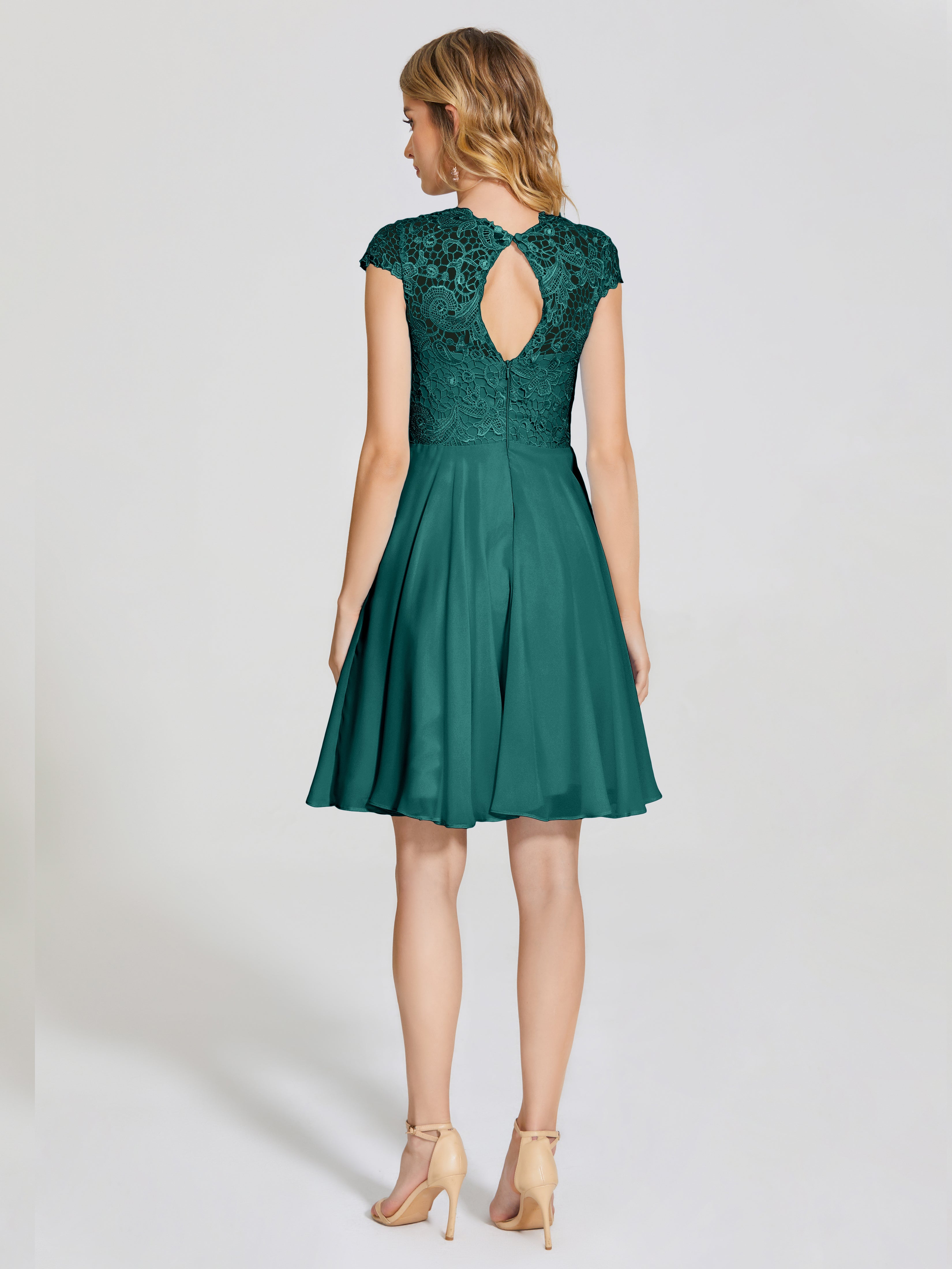 Robe Demoiselle D Honneur Bleu Paon Trapèze Courte Dentelle Mousseline Robe De Demoiselle D'Honneur