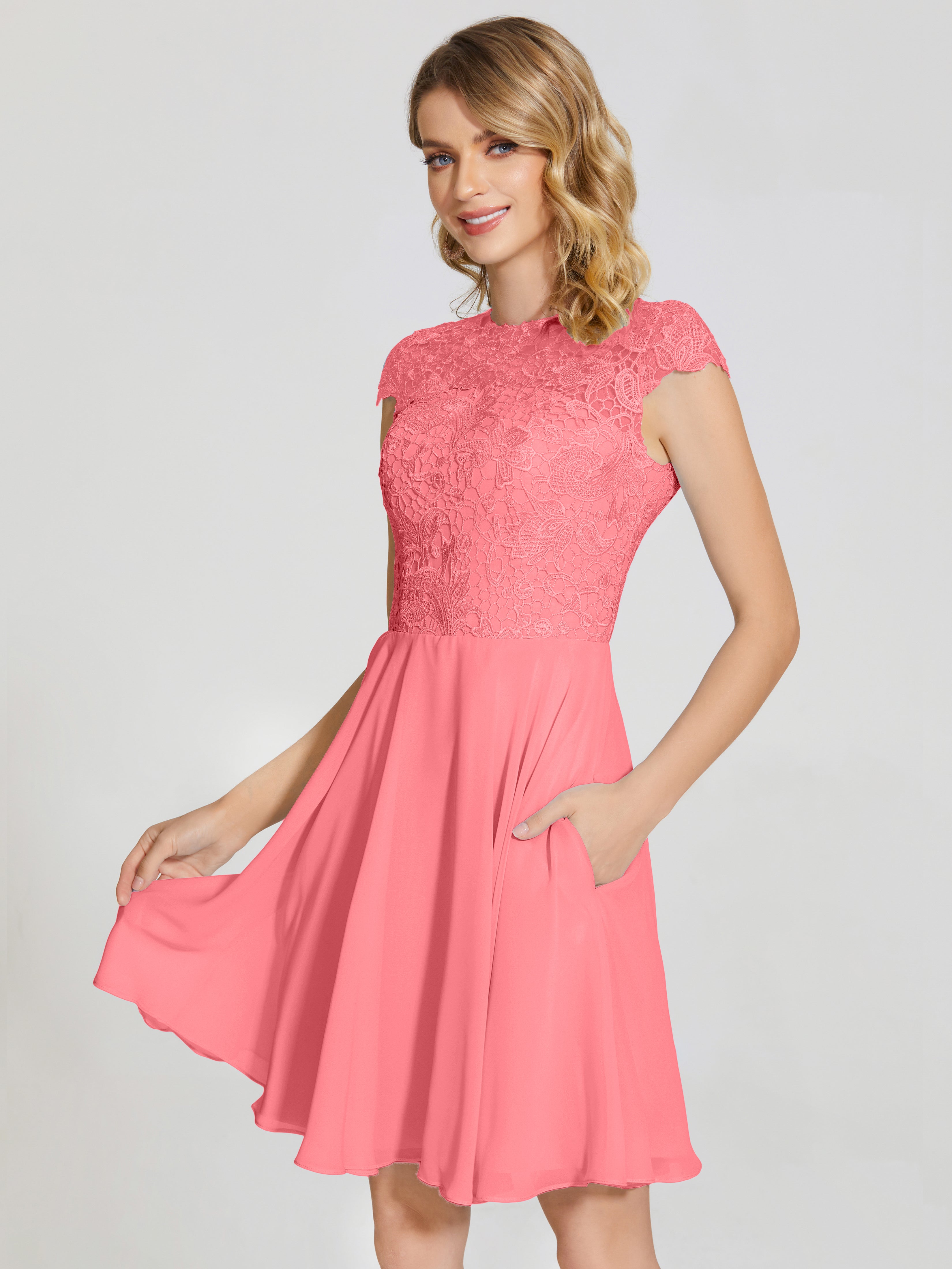 Robes De Demoiselle D'Honneur Pastèque Trapèze Courte Dentelle Mousseline Robe De Demoiselle D'Honneur