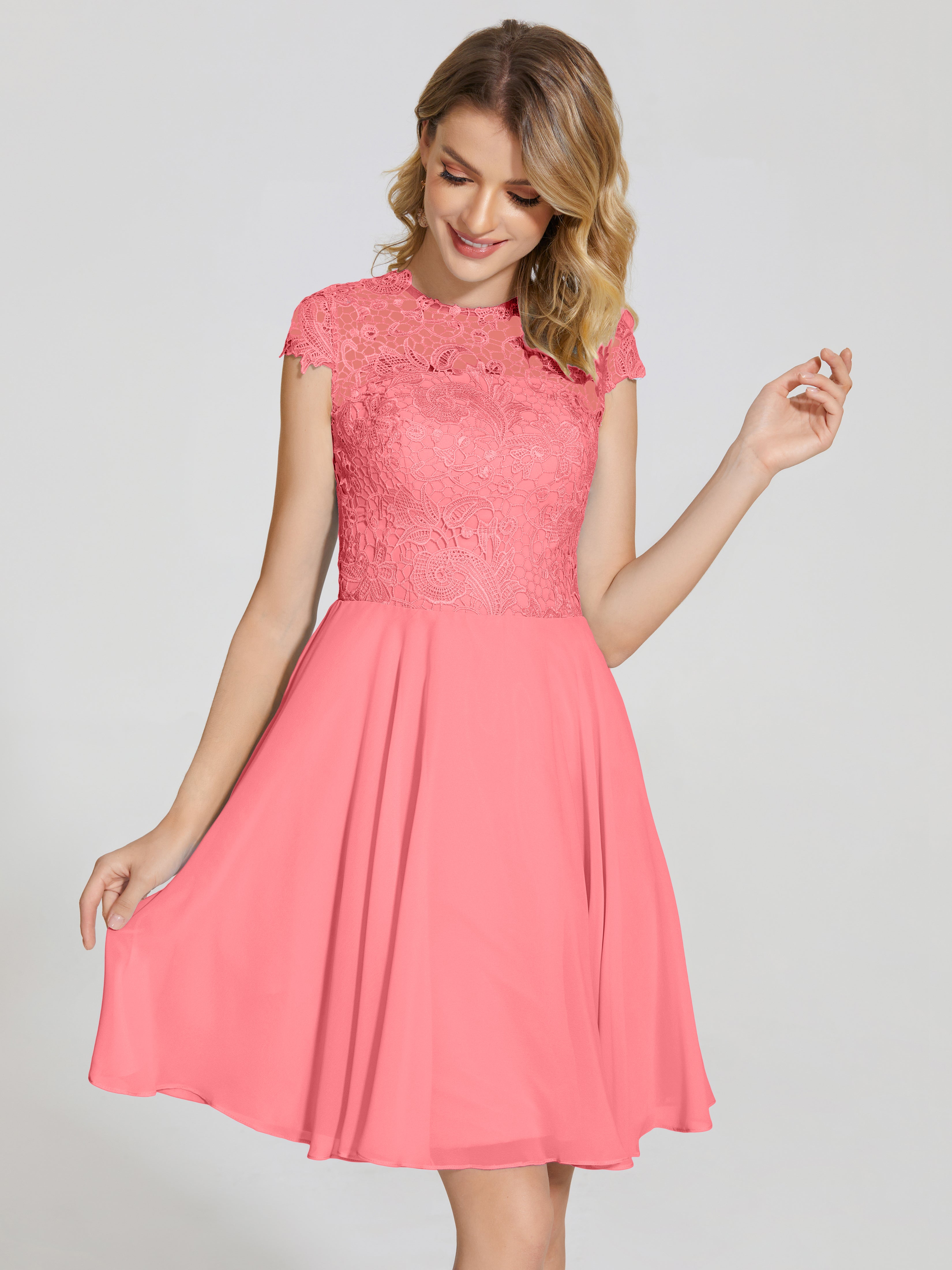 Robes De Demoiselle D'Honneur Pastèque Trapèze Courte Dentelle Mousseline Robe De Demoiselle D'Honneur