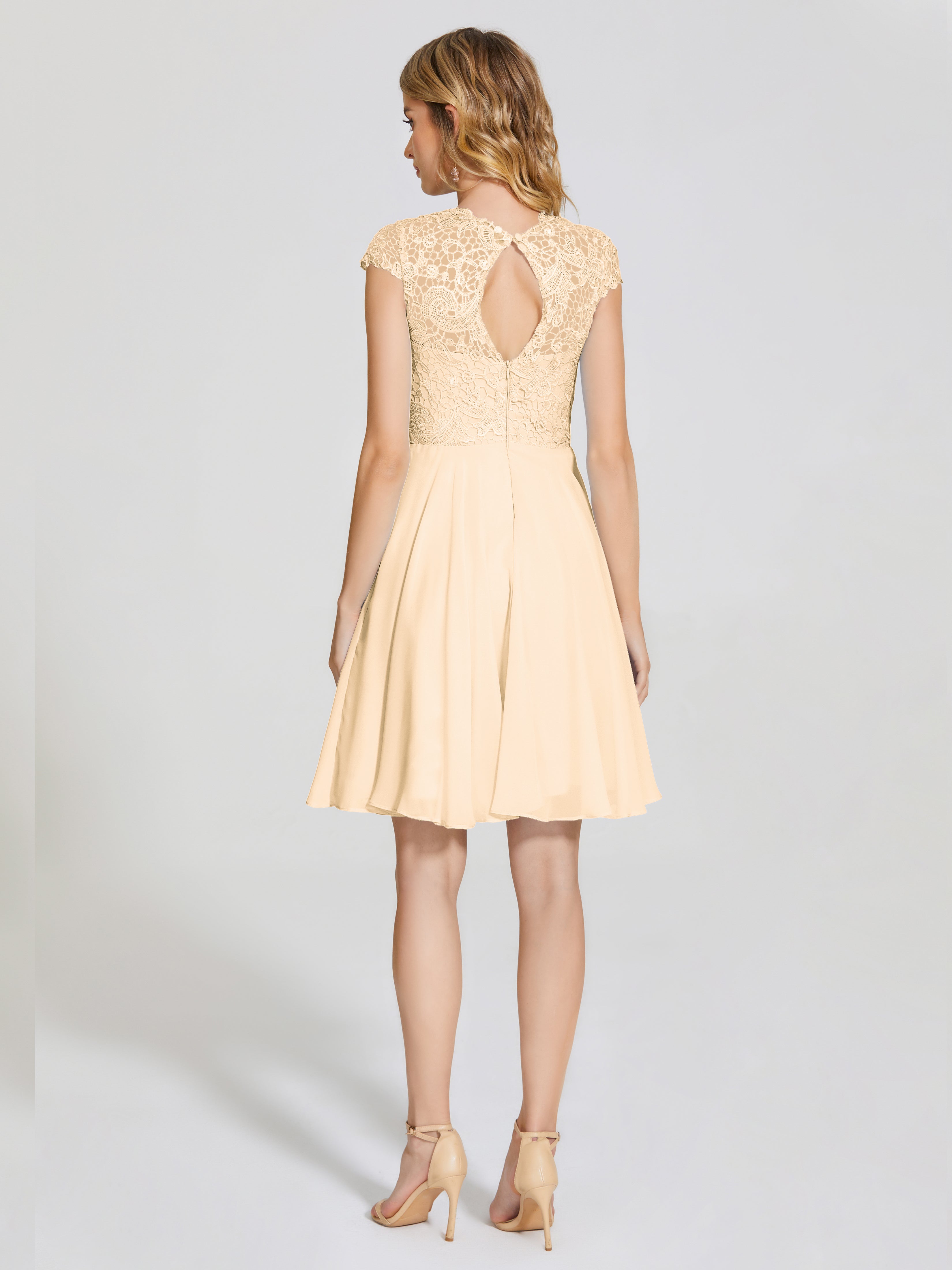 Robes De Demoiselle D'Honneur Pêche Trapèze Courte Dentelle Mousseline Robe De Demoiselle D'Honneur