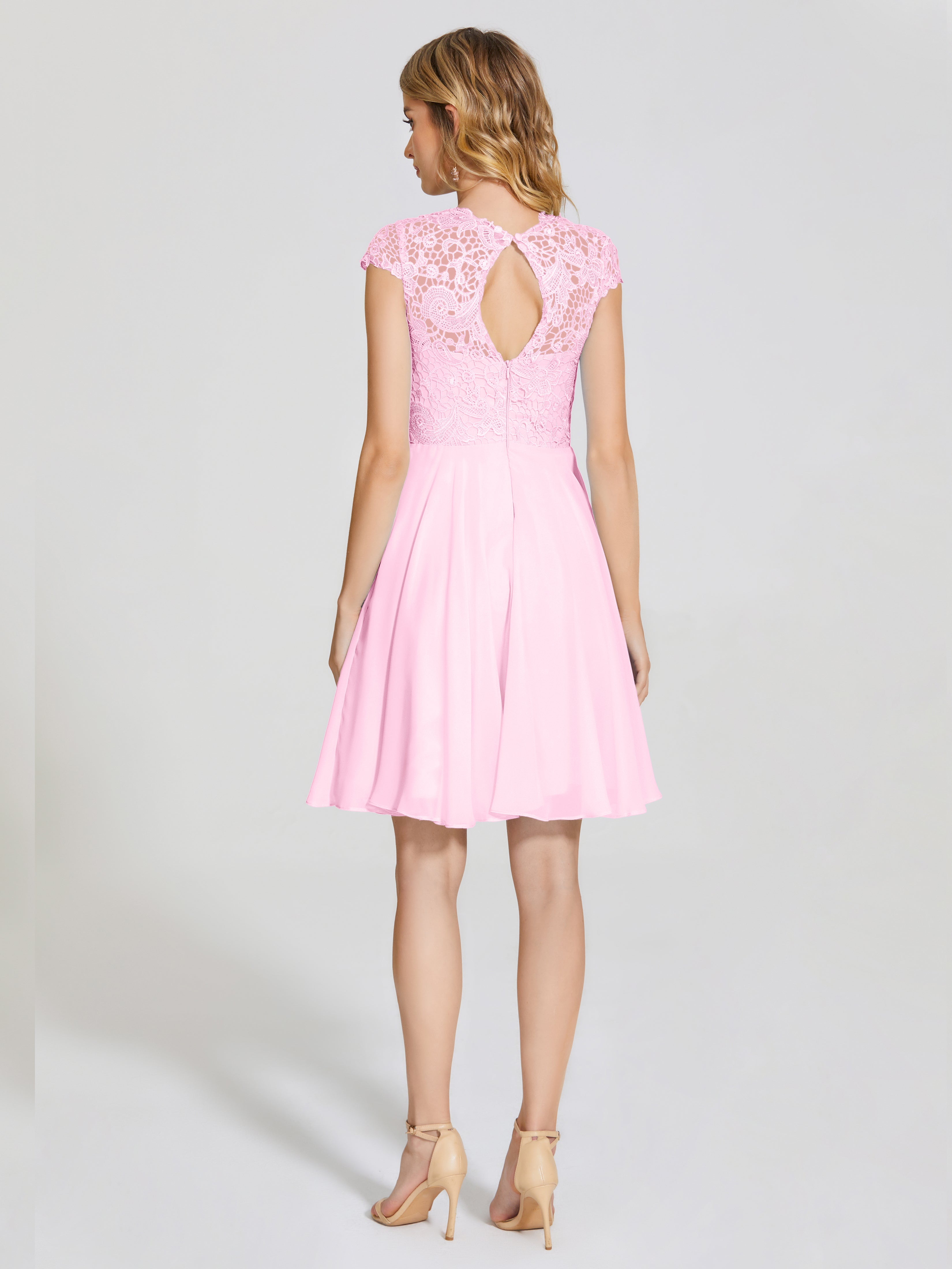 Robes De Demoiselle D'Honneur Rose Bonbon Trapèze Courte Dentelle Mousseline Robe De Demoiselle D'Honneur