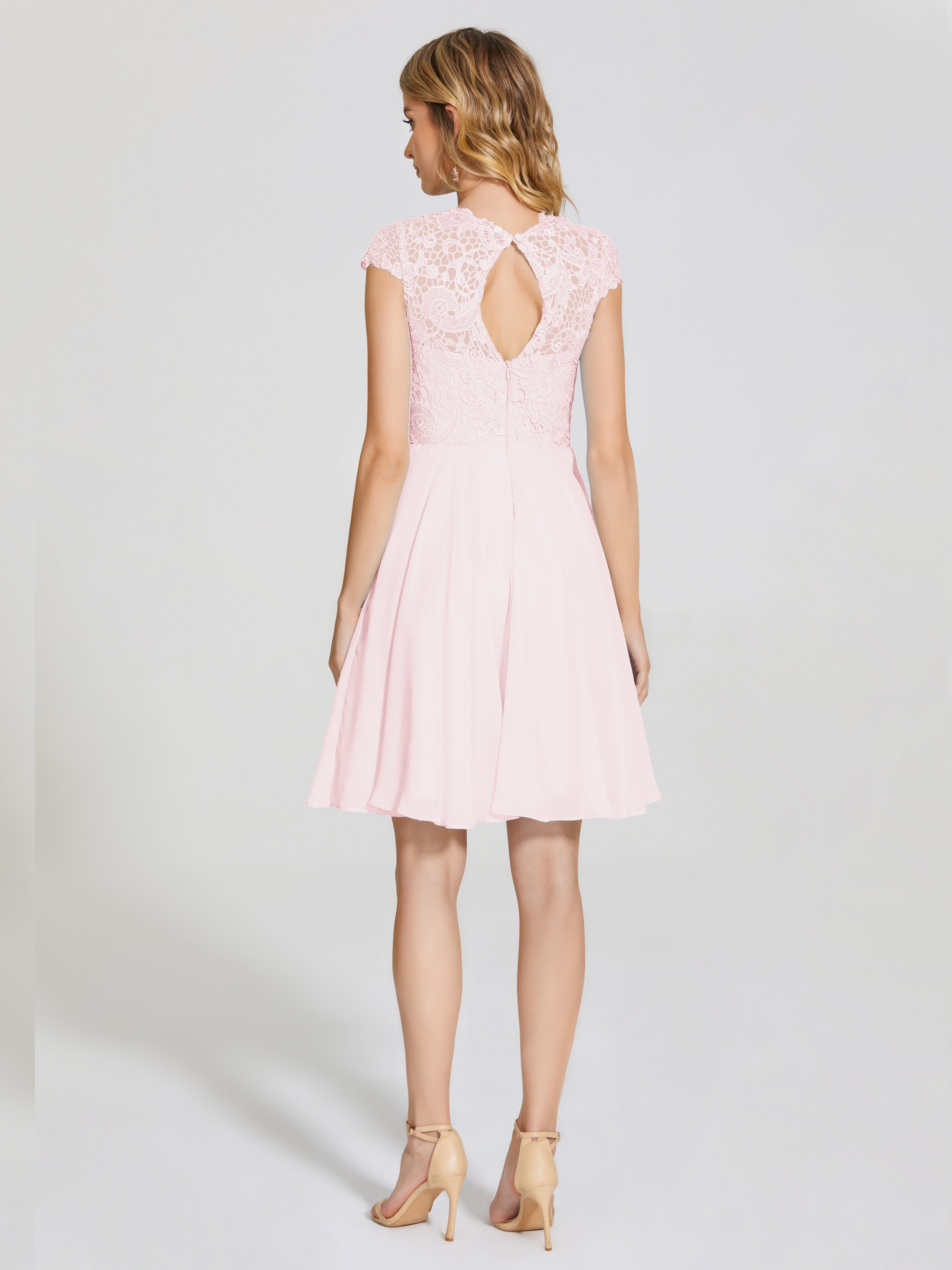 Robes Demoiselles D Honneur Rose Pale Trapèze Courte Dentelle Mousseline Robe De Demoiselle D'Honneur