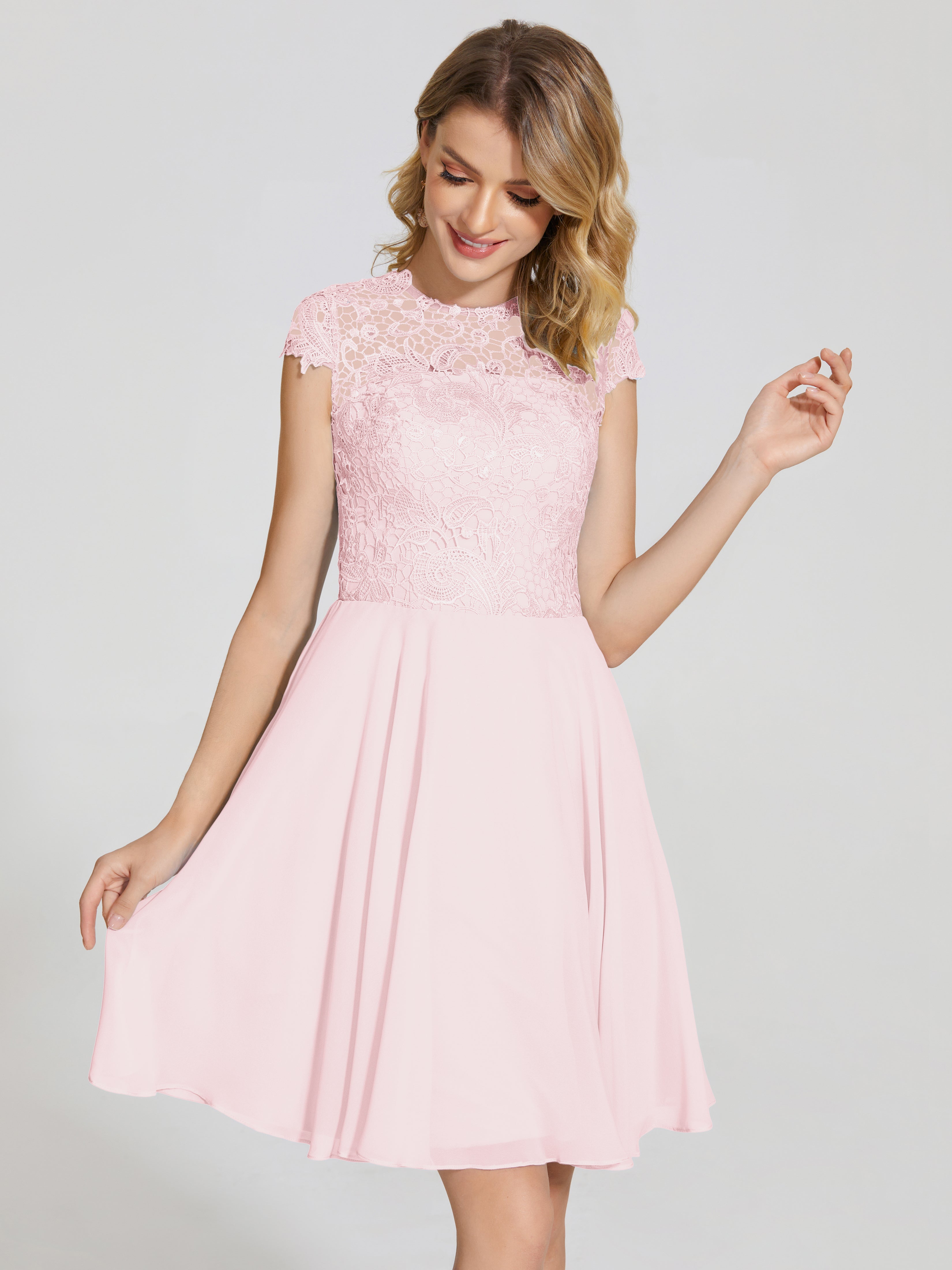 Robes Demoiselles D Honneur Rose Pale Trapèze Courte Dentelle Mousseline Robe De Demoiselle D'Honneur