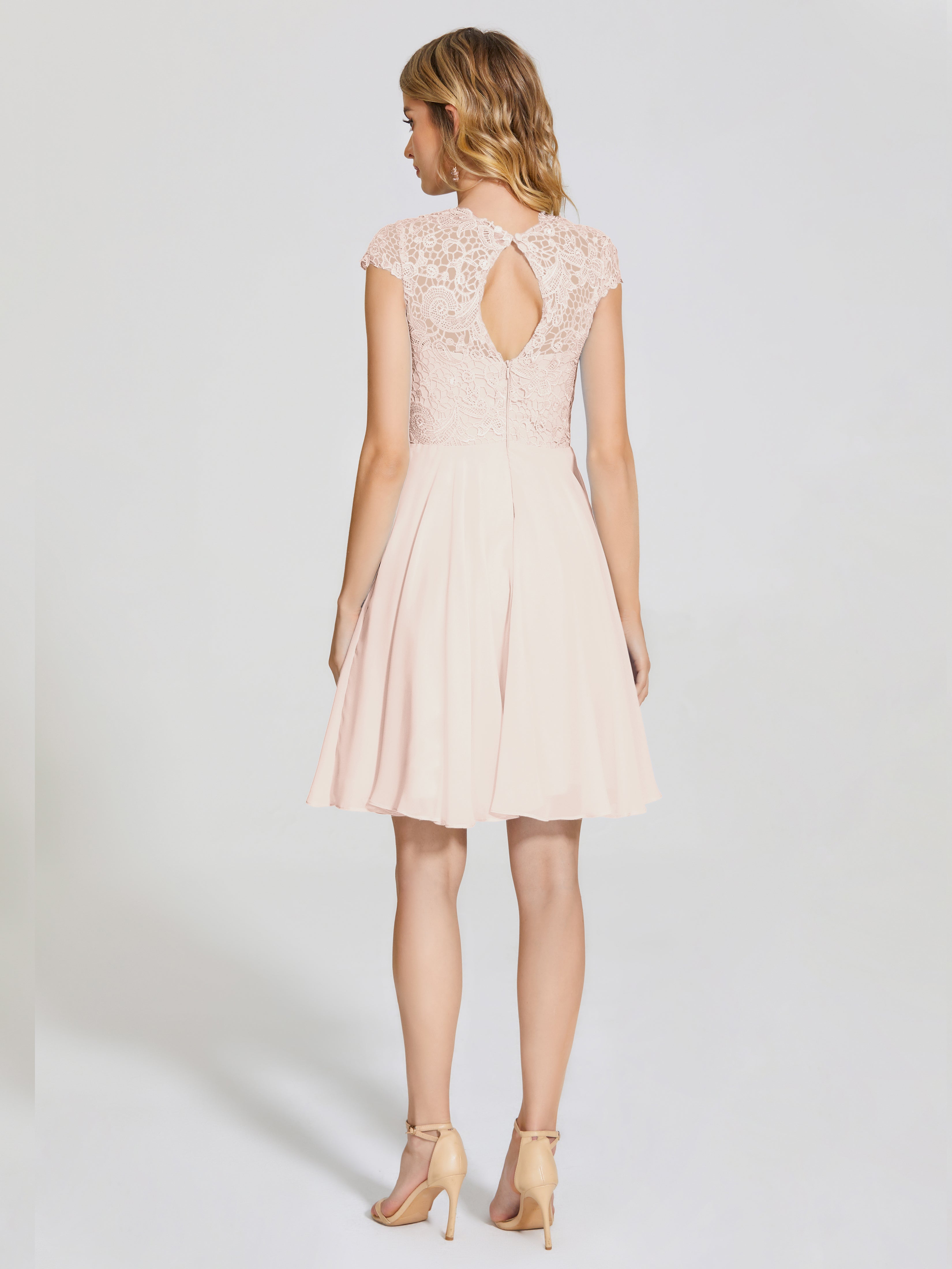 Robe De Demoiselle D'Honneur En Perles Trapèze Courte Dentelle Mousseline Robe De Demoiselle D'Honneur