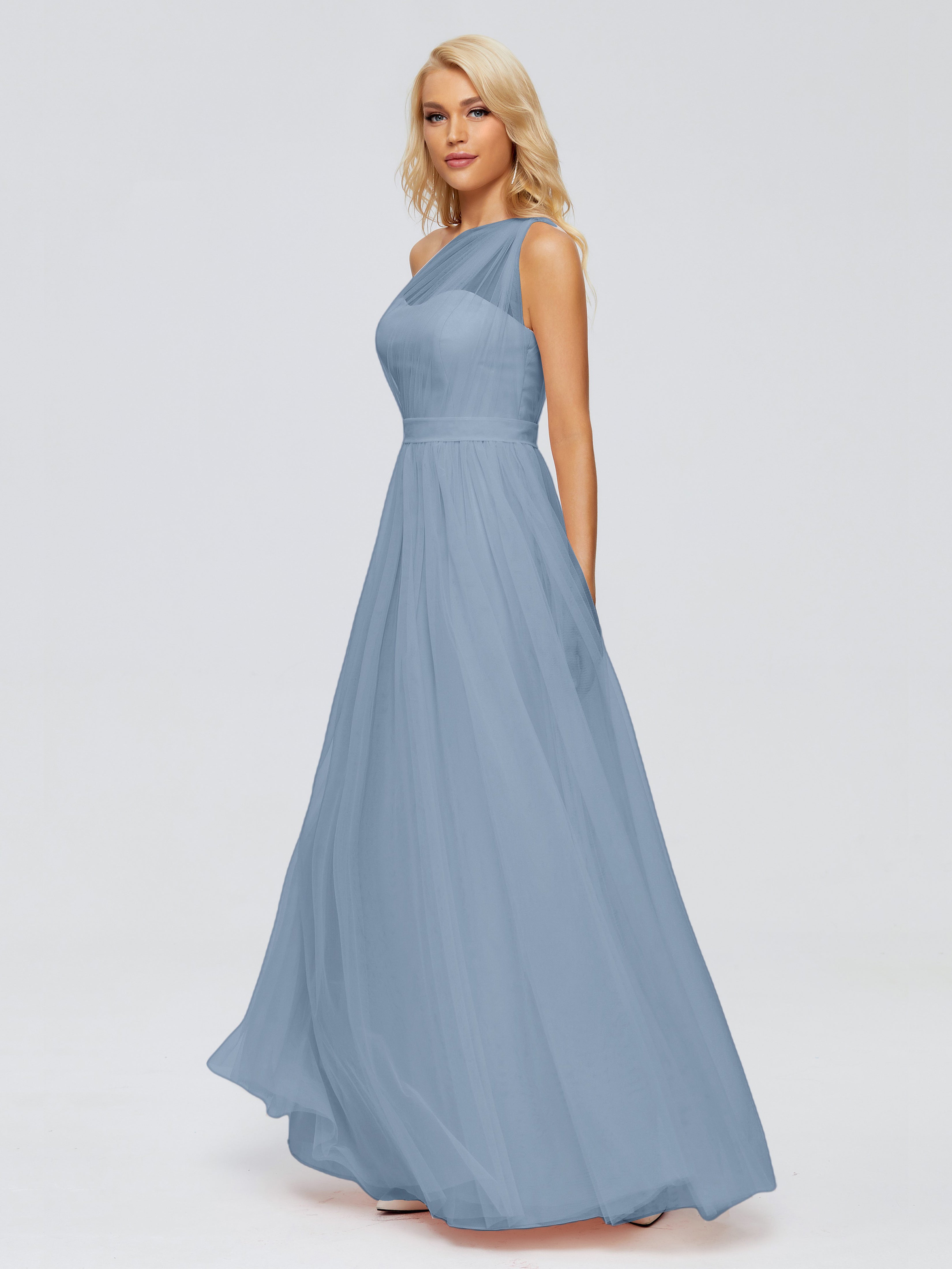 Robes De Demoiselle D'Honneur Bleu De Schiste A-ligne Seule-Épaule Ruban Mousseline Robes Demoiselle D'Honneur