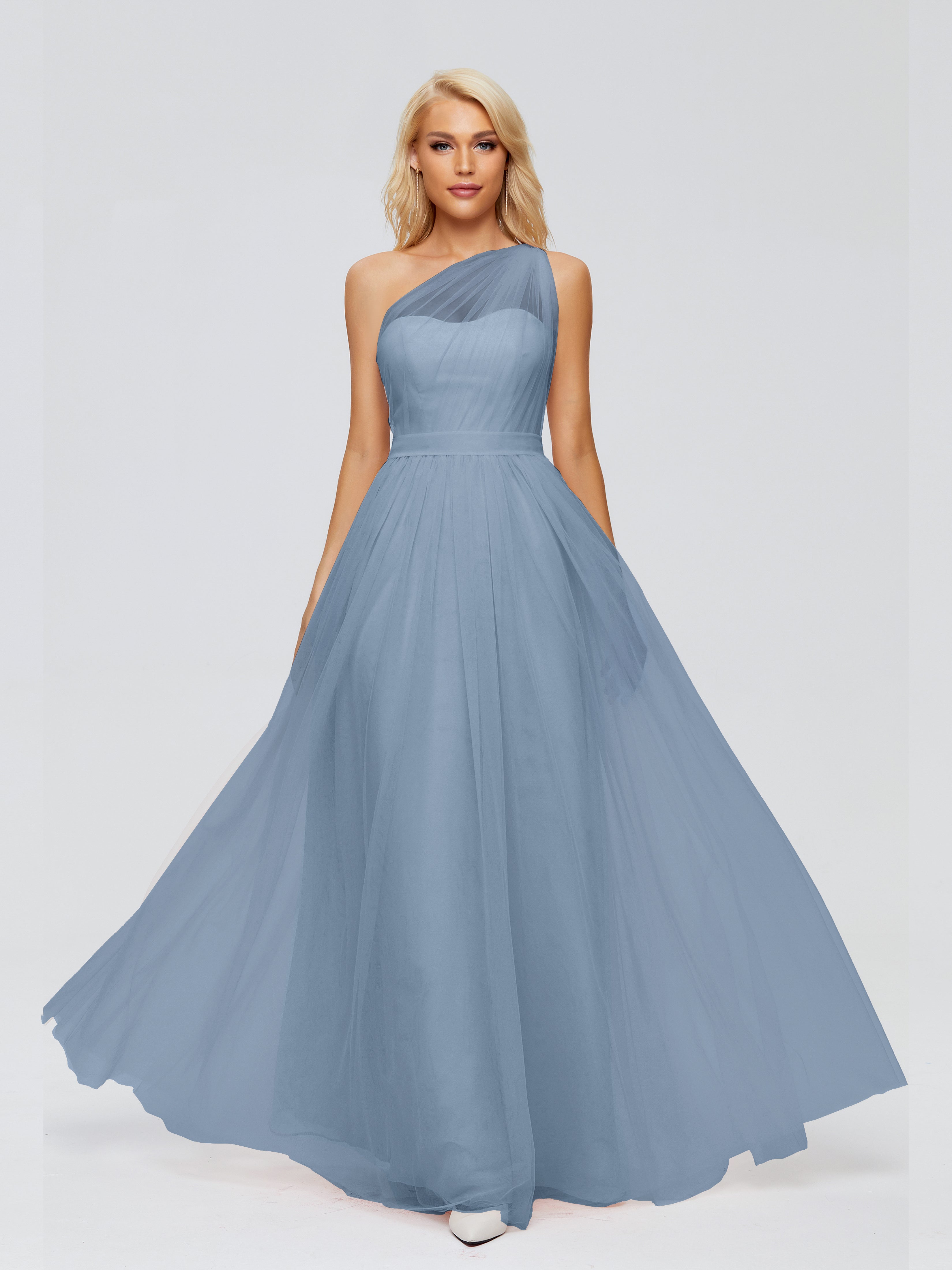 Robes De Demoiselle D'Honneur Bleu De Schiste A-ligne Seule-Épaule Ruban Mousseline Robes Demoiselle D'Honneur