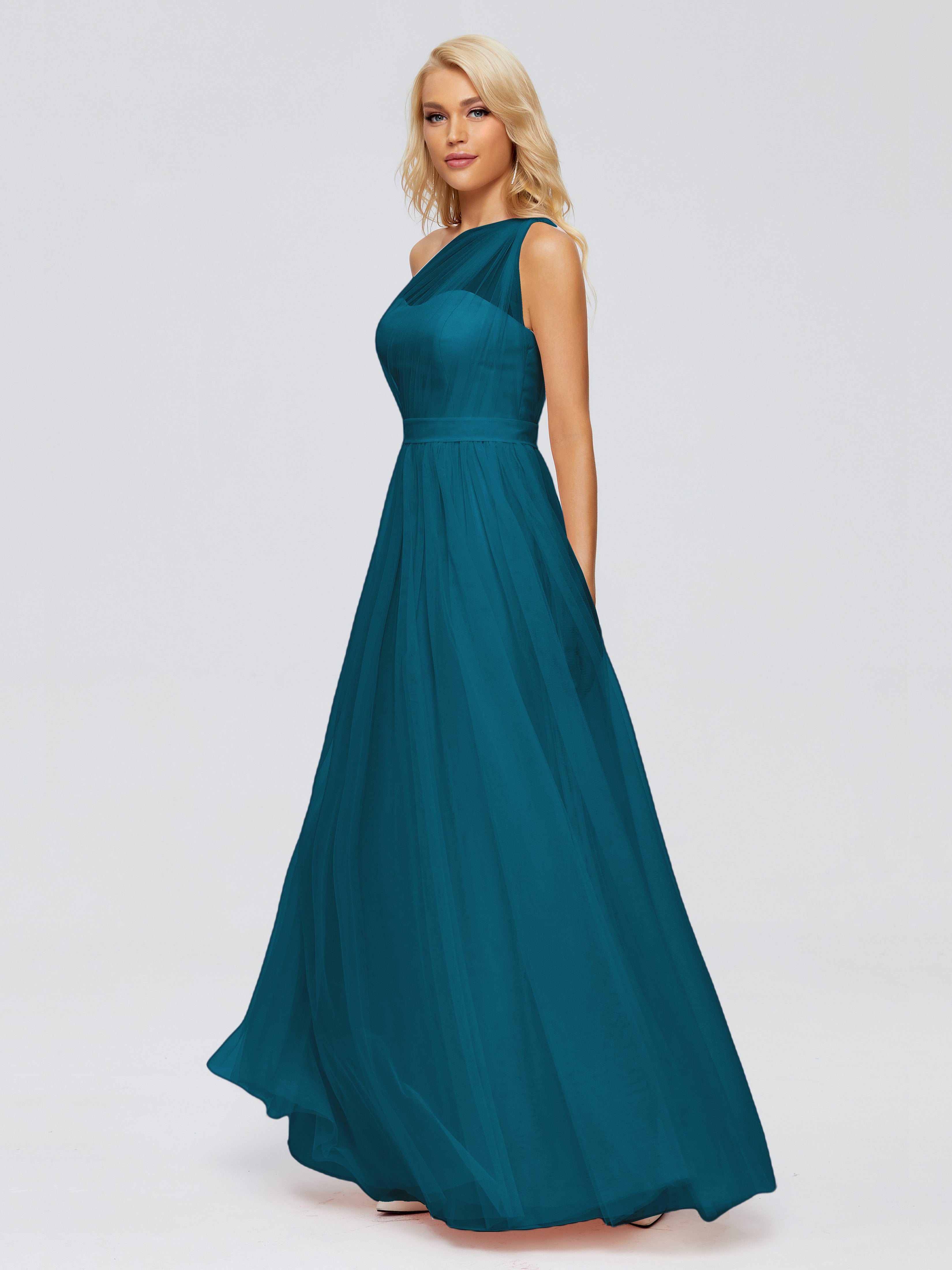 Robe De Demoiselle D'Honneur Bleu Encre A-ligne Seule-Épaule Ruban Mousseline Robes Demoiselle D'Honneur