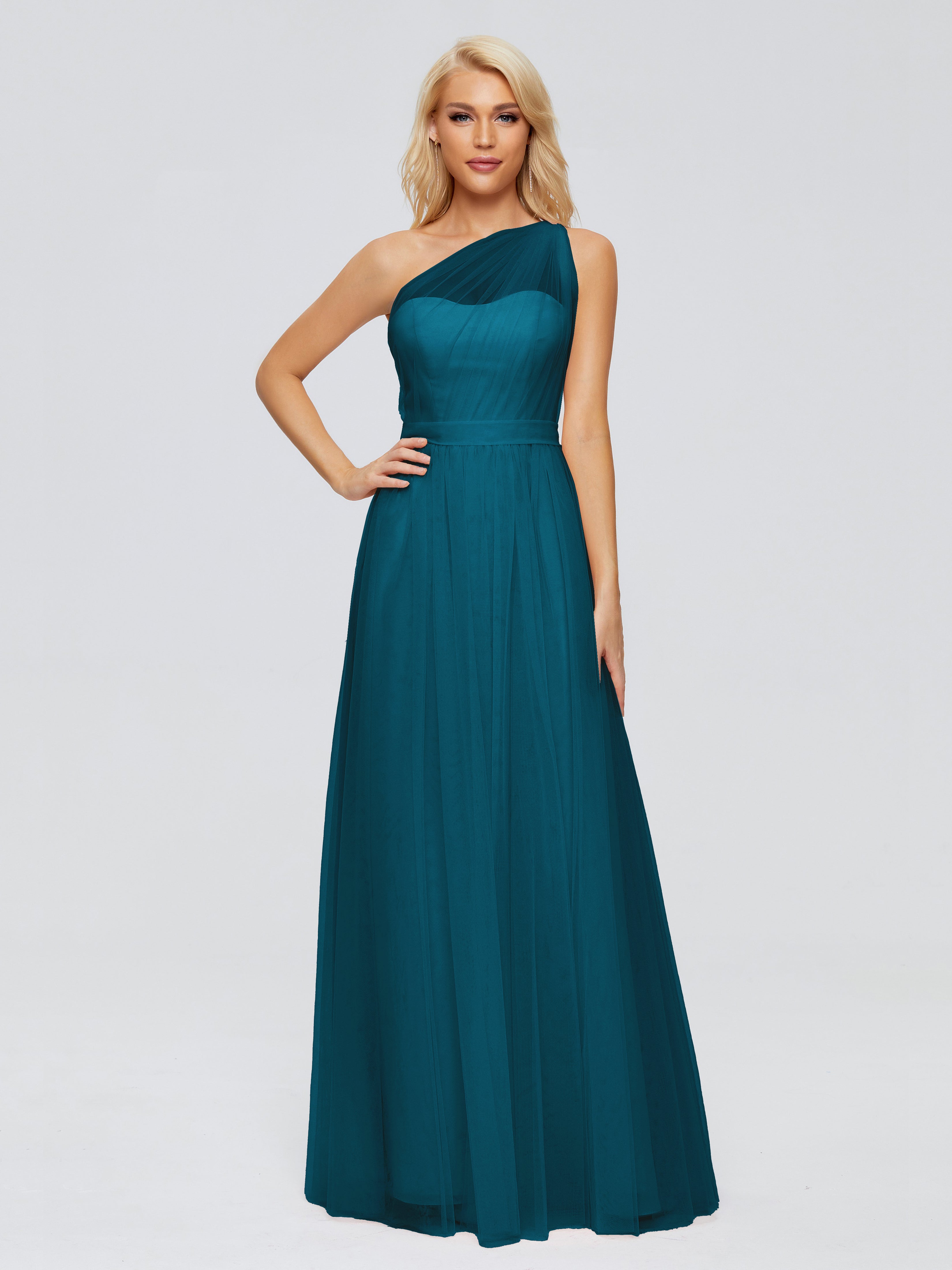 Robe De Demoiselle D'Honneur Bleu Encre A-ligne Seule-Épaule Ruban Mousseline Robes Demoiselle D'Honneur