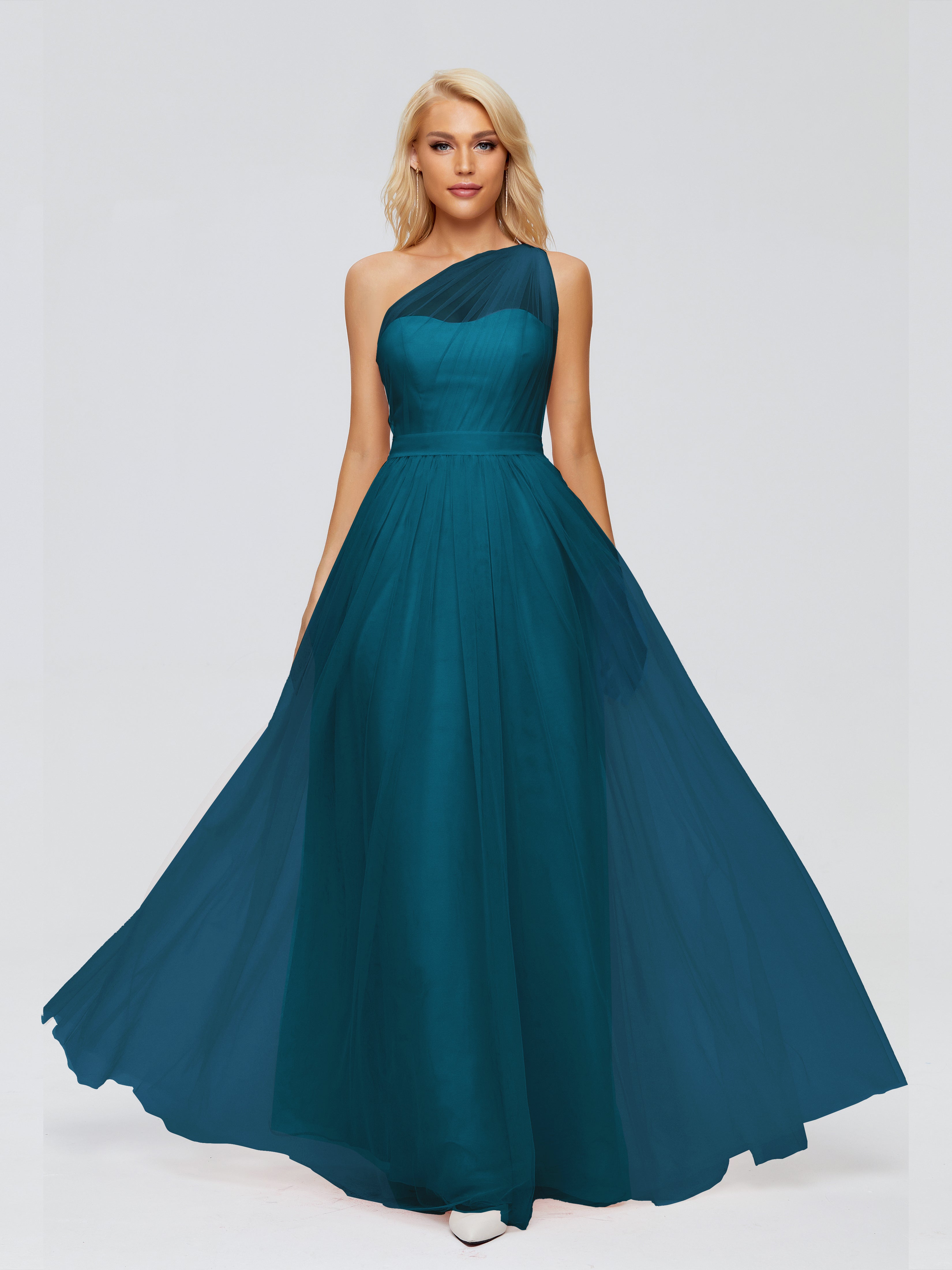 Robe De Demoiselle D'Honneur Bleu Encre A-ligne Seule-Épaule Ruban Mousseline Robes Demoiselle D'Honneur