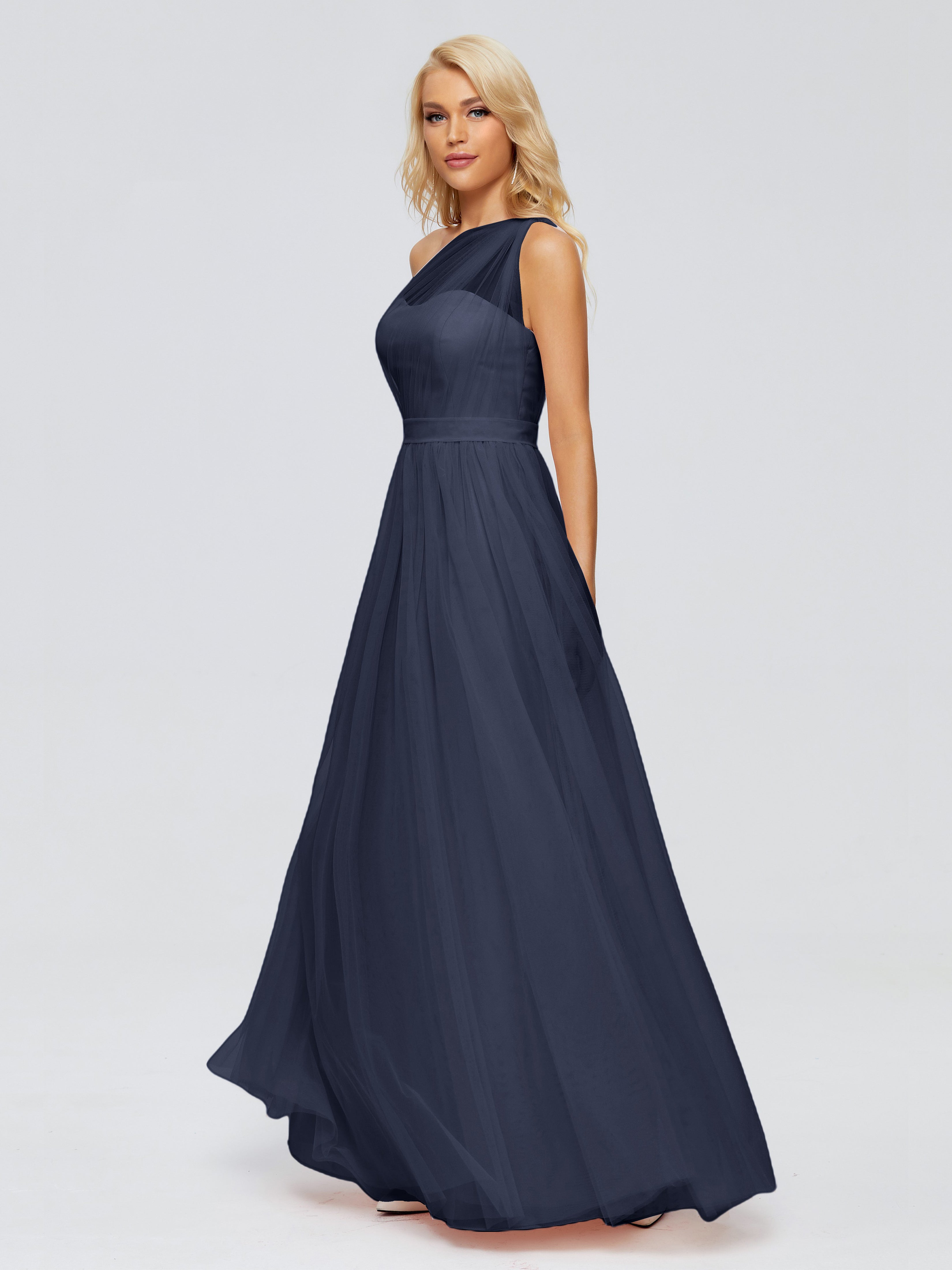 Demoiselle D Honneur Bleu Marine Trapèze Seule-Épaule Ruban Mousseline Robes Demoiselle D'Honneur