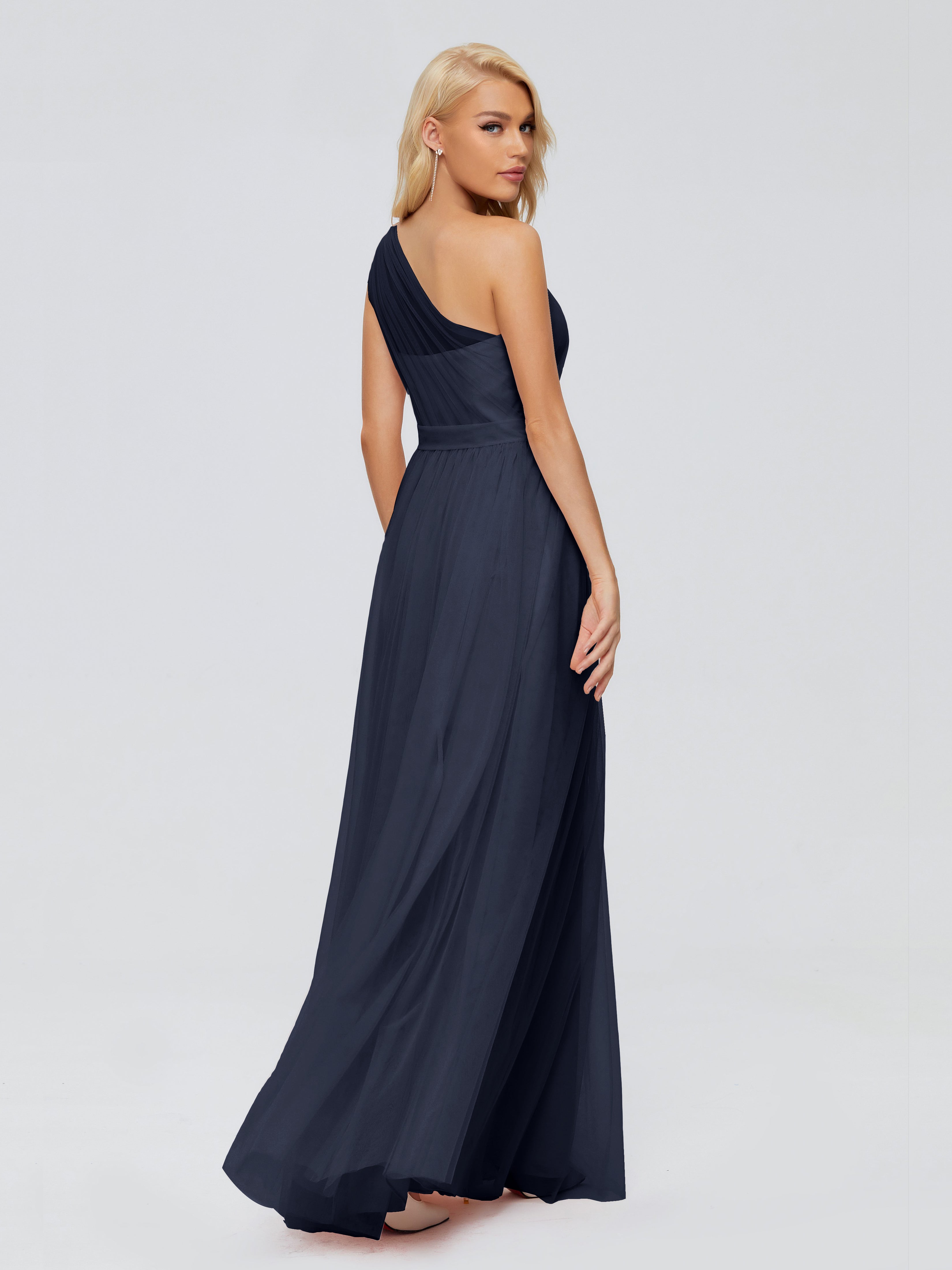Demoiselle D Honneur Bleu Marine Trapèze Seule-Épaule Ruban Mousseline Robes Demoiselle D'Honneur