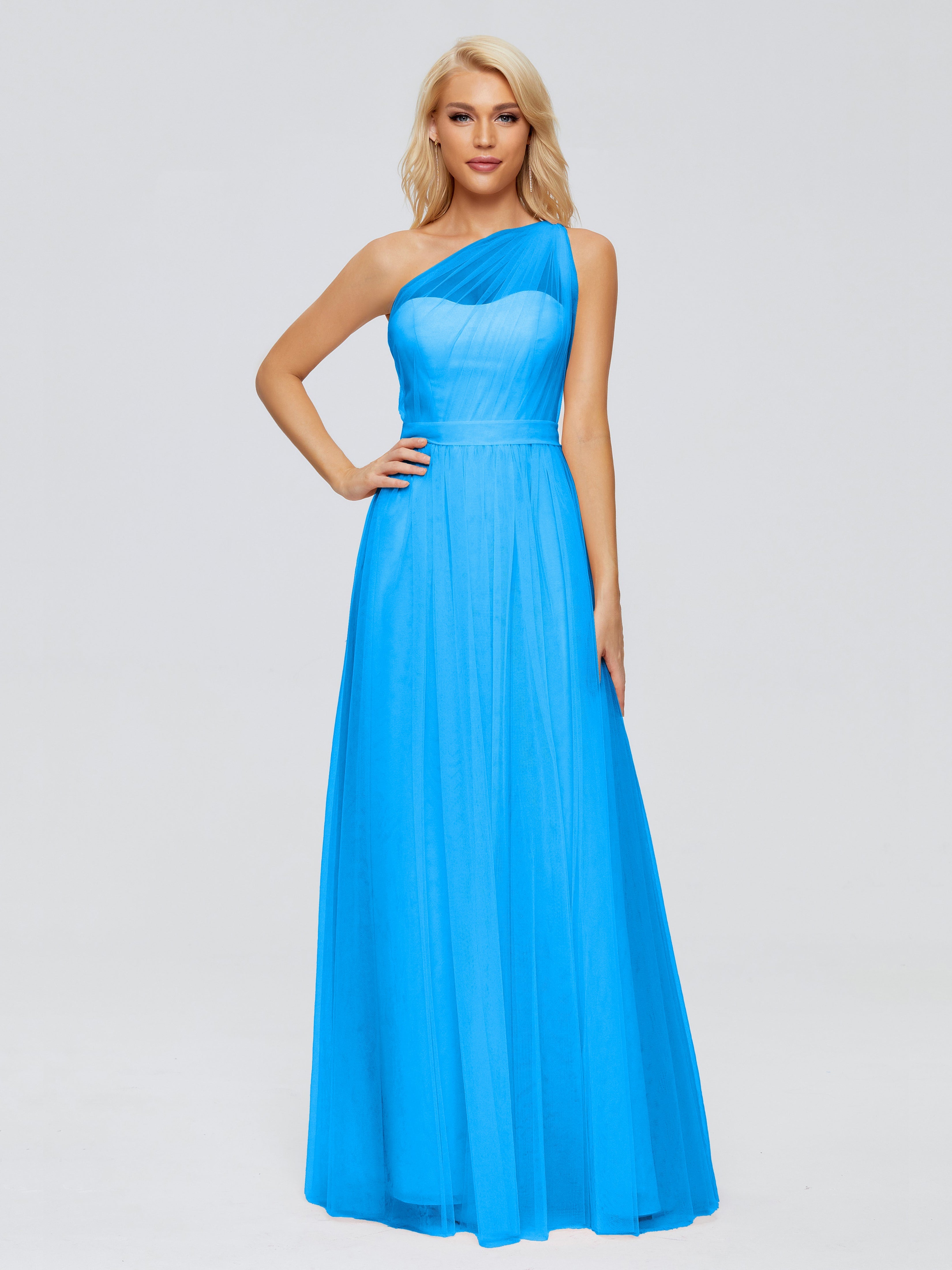 Robes De Demoiselle D'Honneur Bleu Océan A-ligne Seule-Épaule Ruban Mousseline Robes Demoiselle D'Honneur