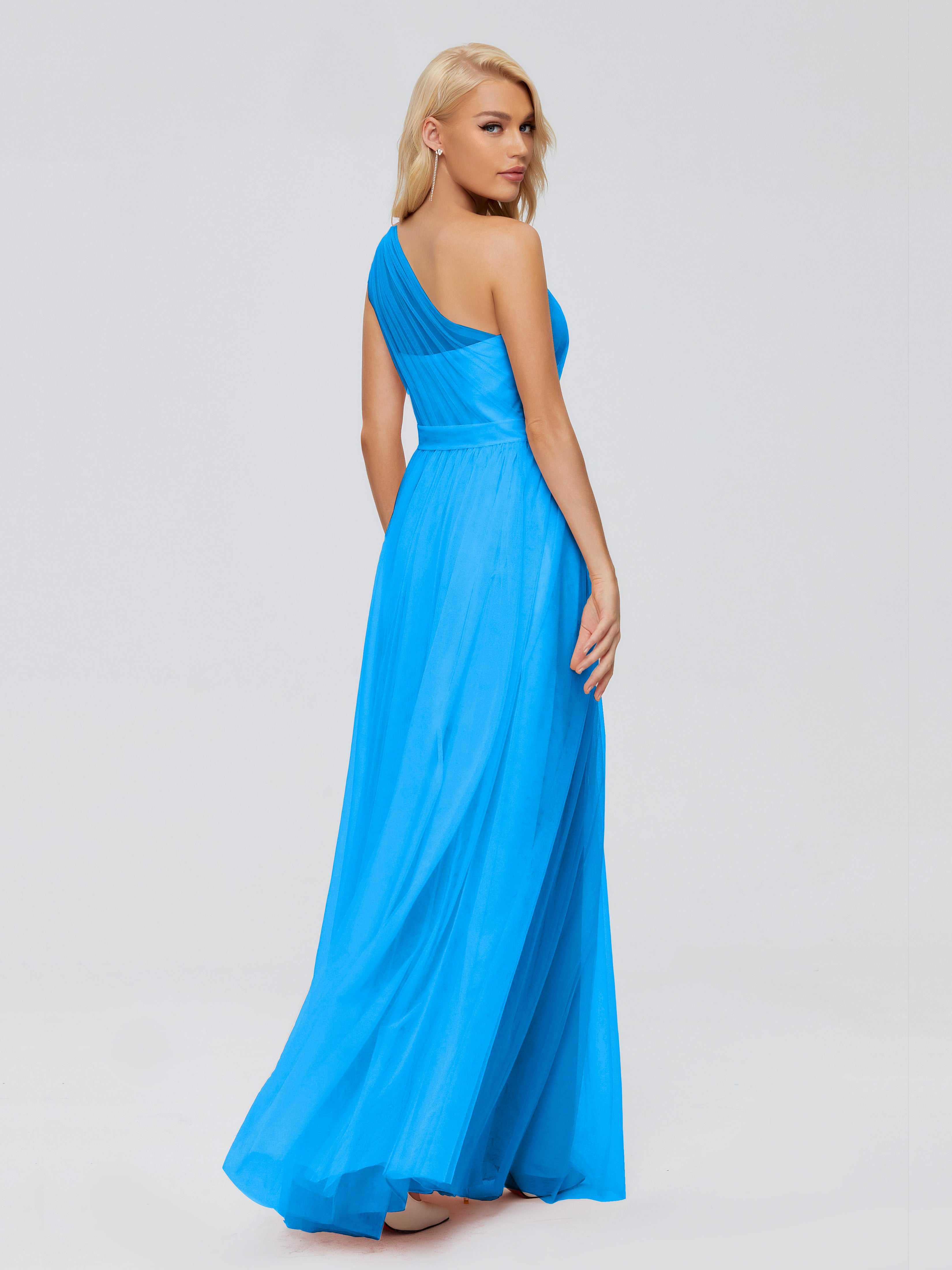 Robes De Demoiselle D'Honneur Bleu Océan A-ligne Seule-Épaule Ruban Mousseline Robes Demoiselle D'Honneur