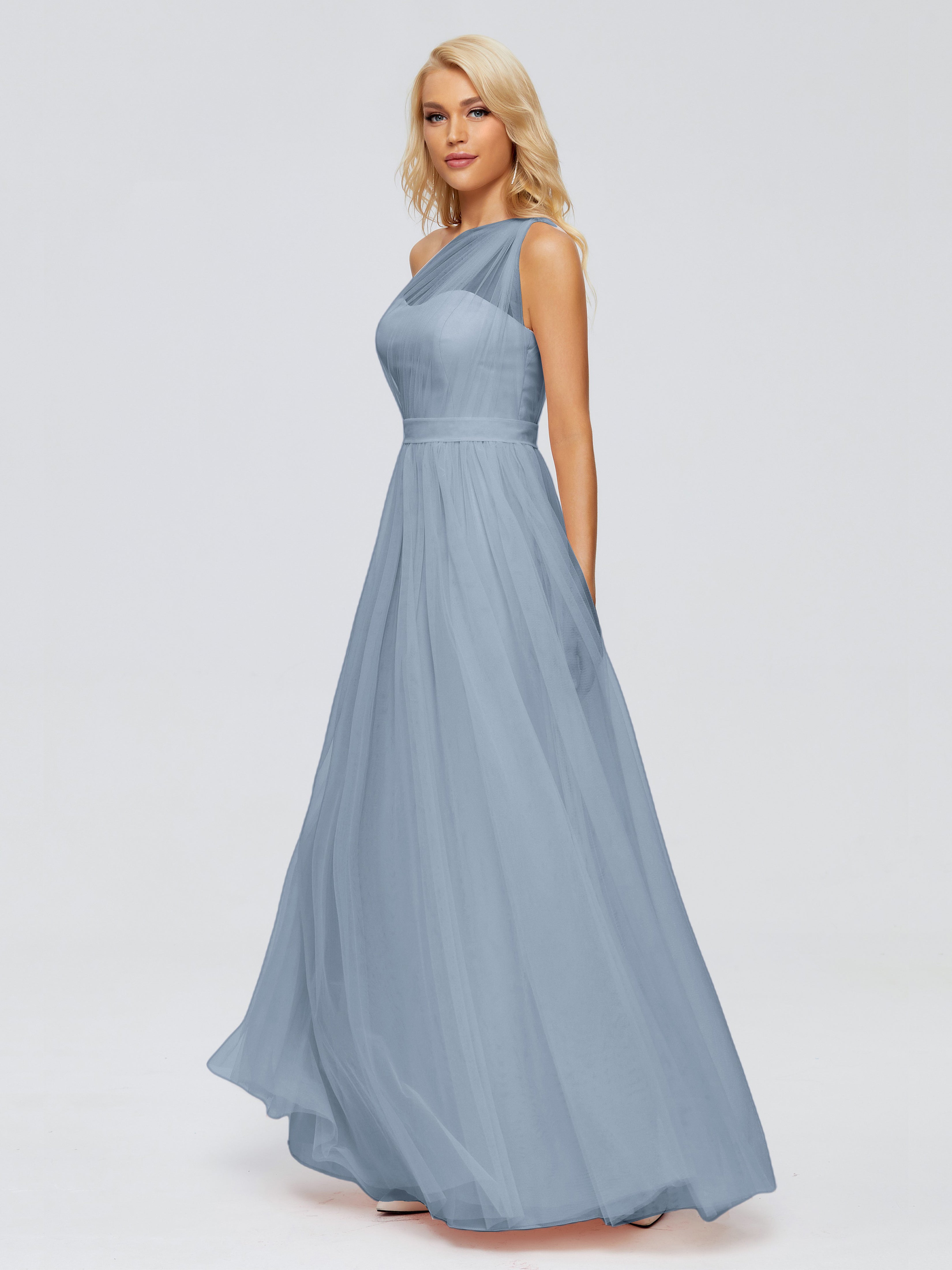 Robes De Demoiselle D'Honneur Bleu Poudre A-ligne Seule-Épaule Ruban Mousseline Robes Demoiselle D'Honneur