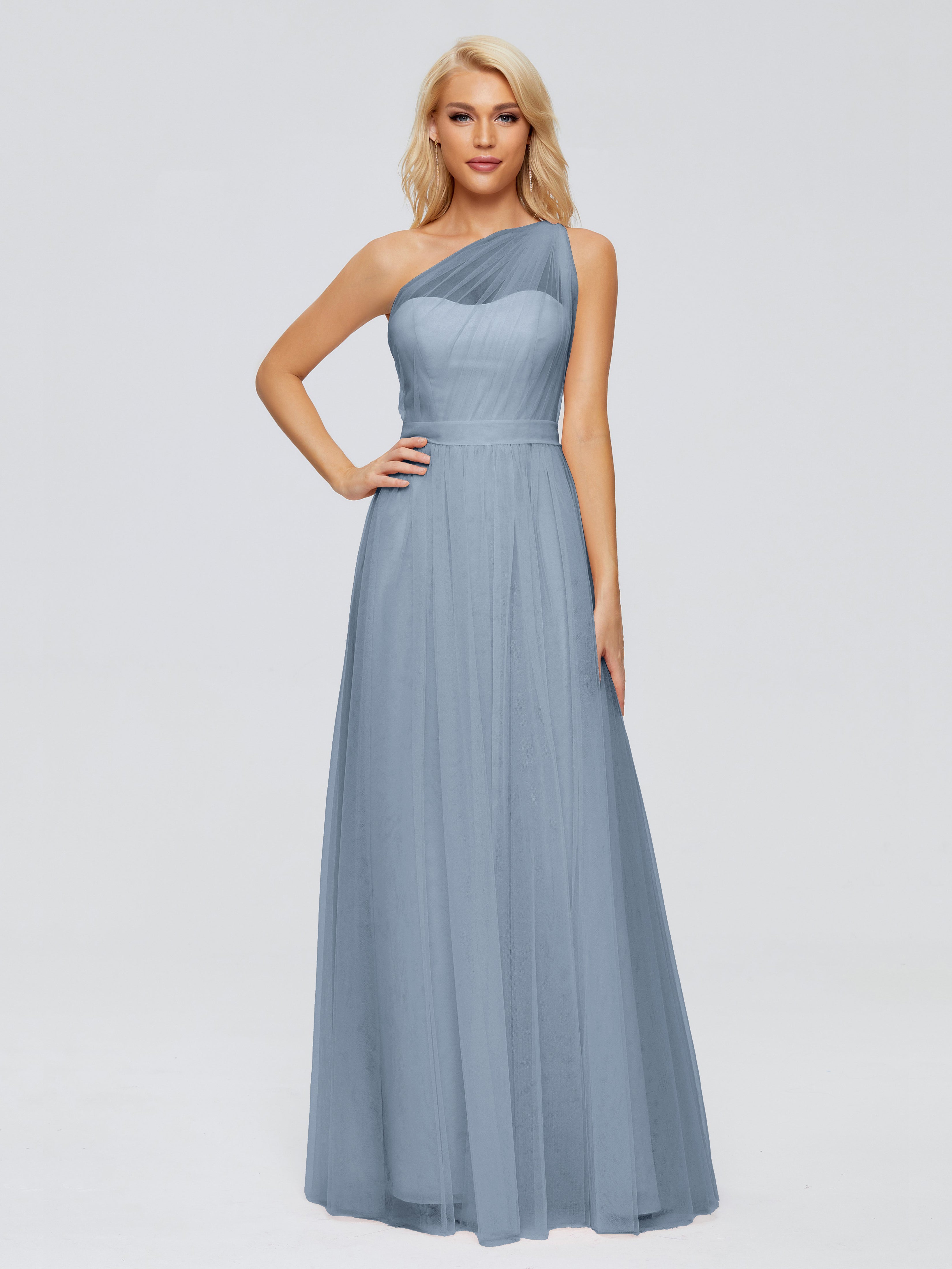 Robes De Demoiselle D'Honneur Bleu Poudre A-ligne Seule-Épaule Ruban Mousseline Robes Demoiselle D'Honneur