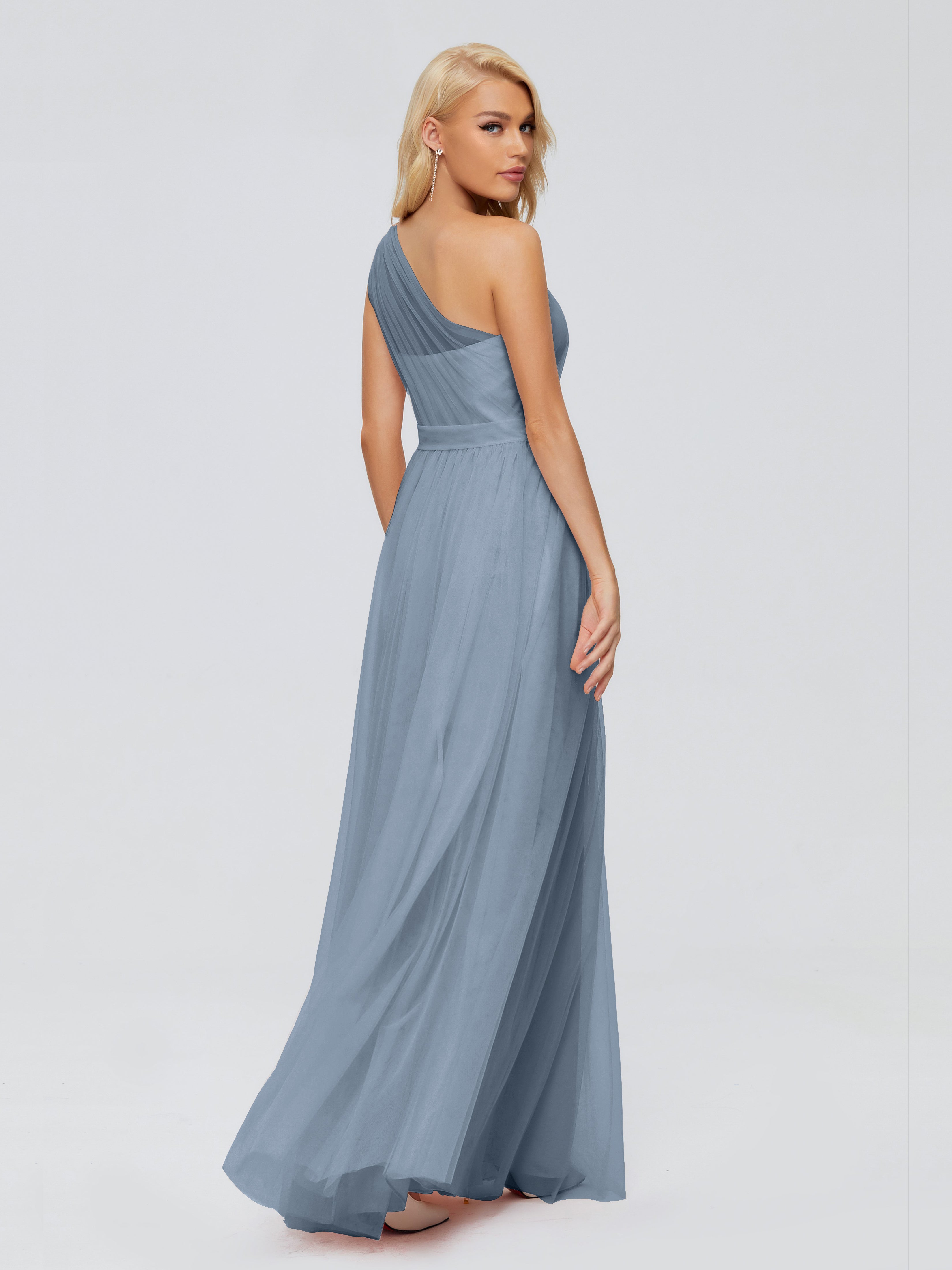 Robes De Demoiselle D'Honneur Bleu Poudre A-ligne Seule-Épaule Ruban Mousseline Robes Demoiselle D'Honneur