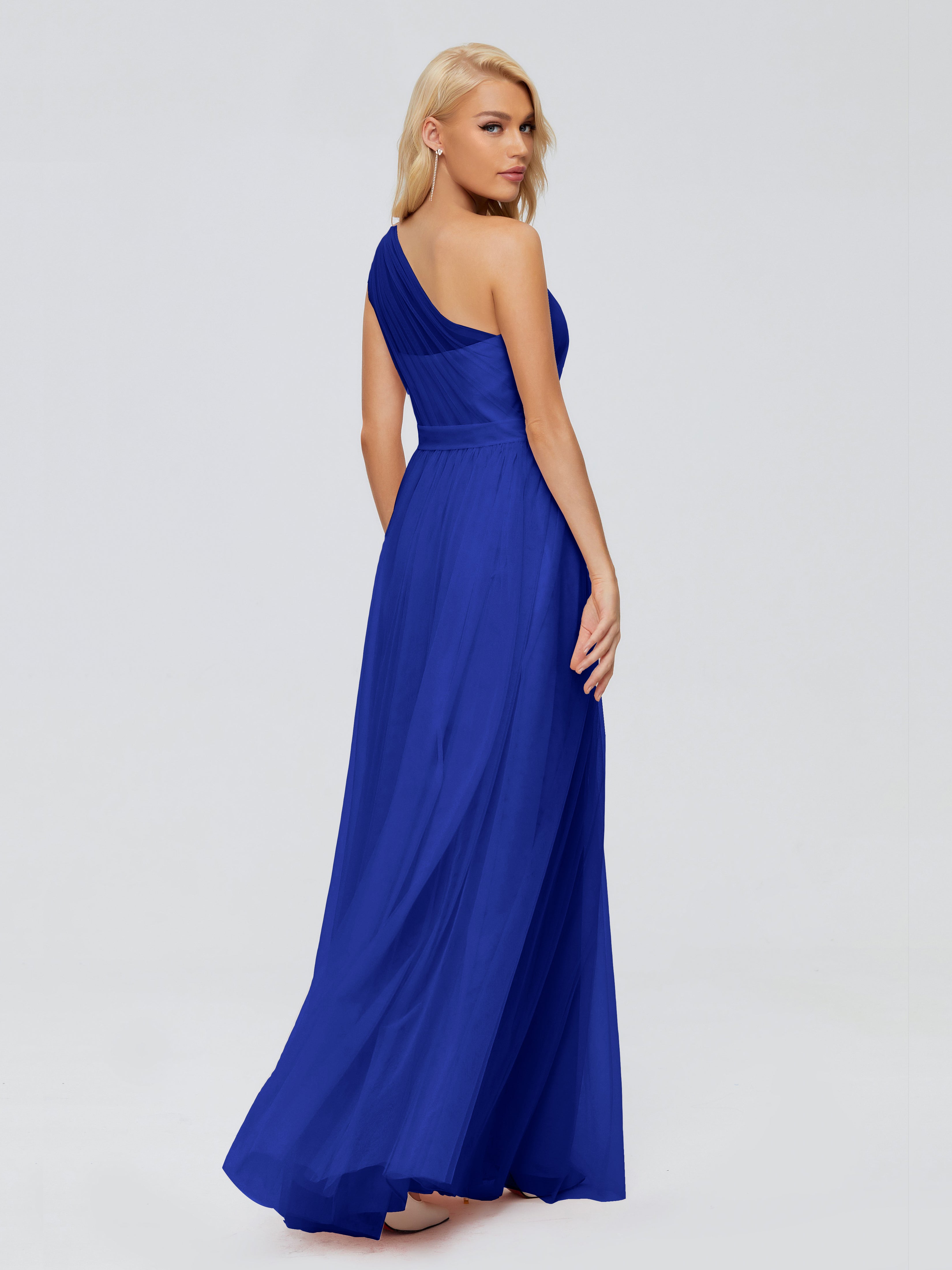 Demoiselle Dhonneur Robe Bleu Roi Trapèze Seule-Épaule Ruban Mousseline Robes Demoiselle D'Honneur