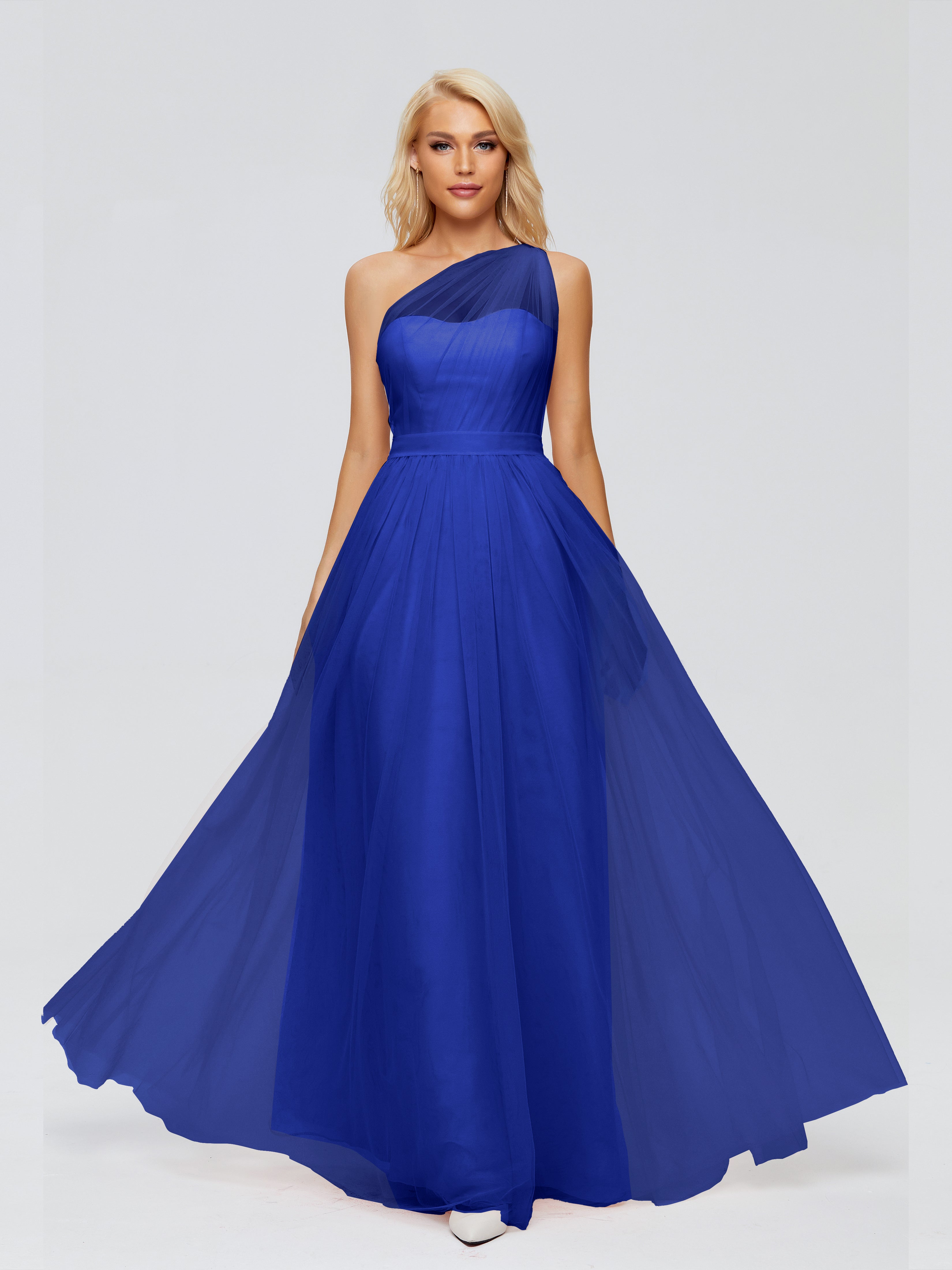 Demoiselle Dhonneur Robe Bleu Roi Trapèze Seule-Épaule Ruban Mousseline Robes Demoiselle D'Honneur